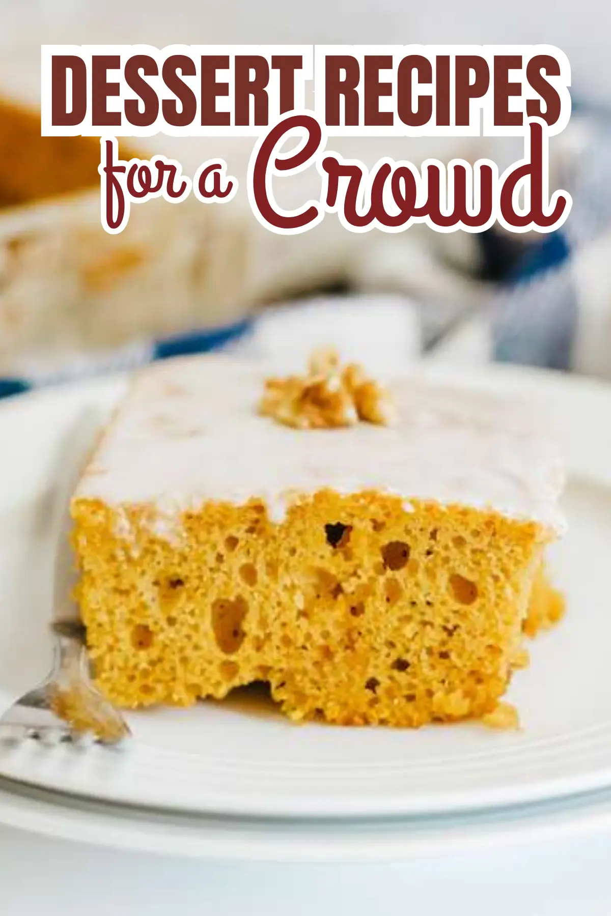 Frosted pumpkin sheet cake slice with walnut on top, perfect dessert recipe for a crowd