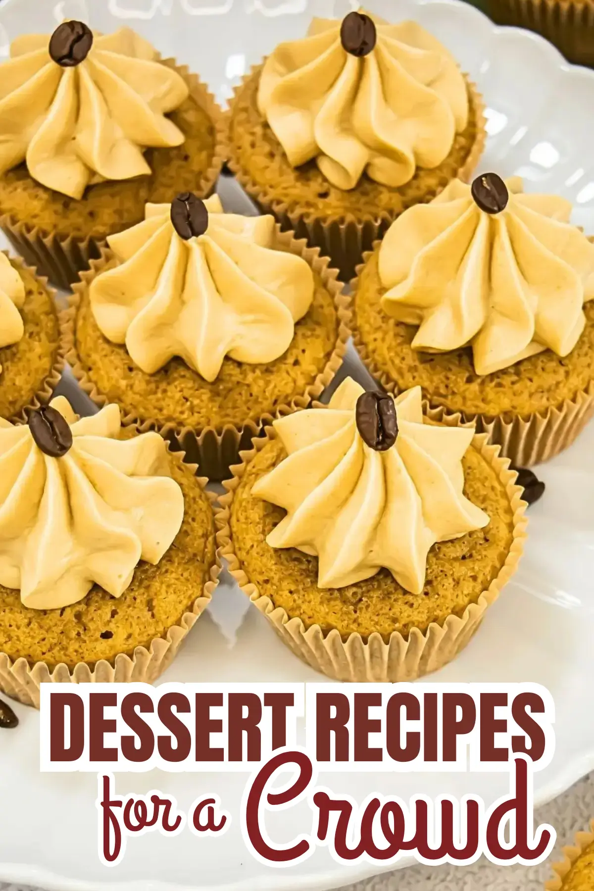 Coffee cupcakes with piped buttercream and coffee bean garnish, perfect for feeding a crowd