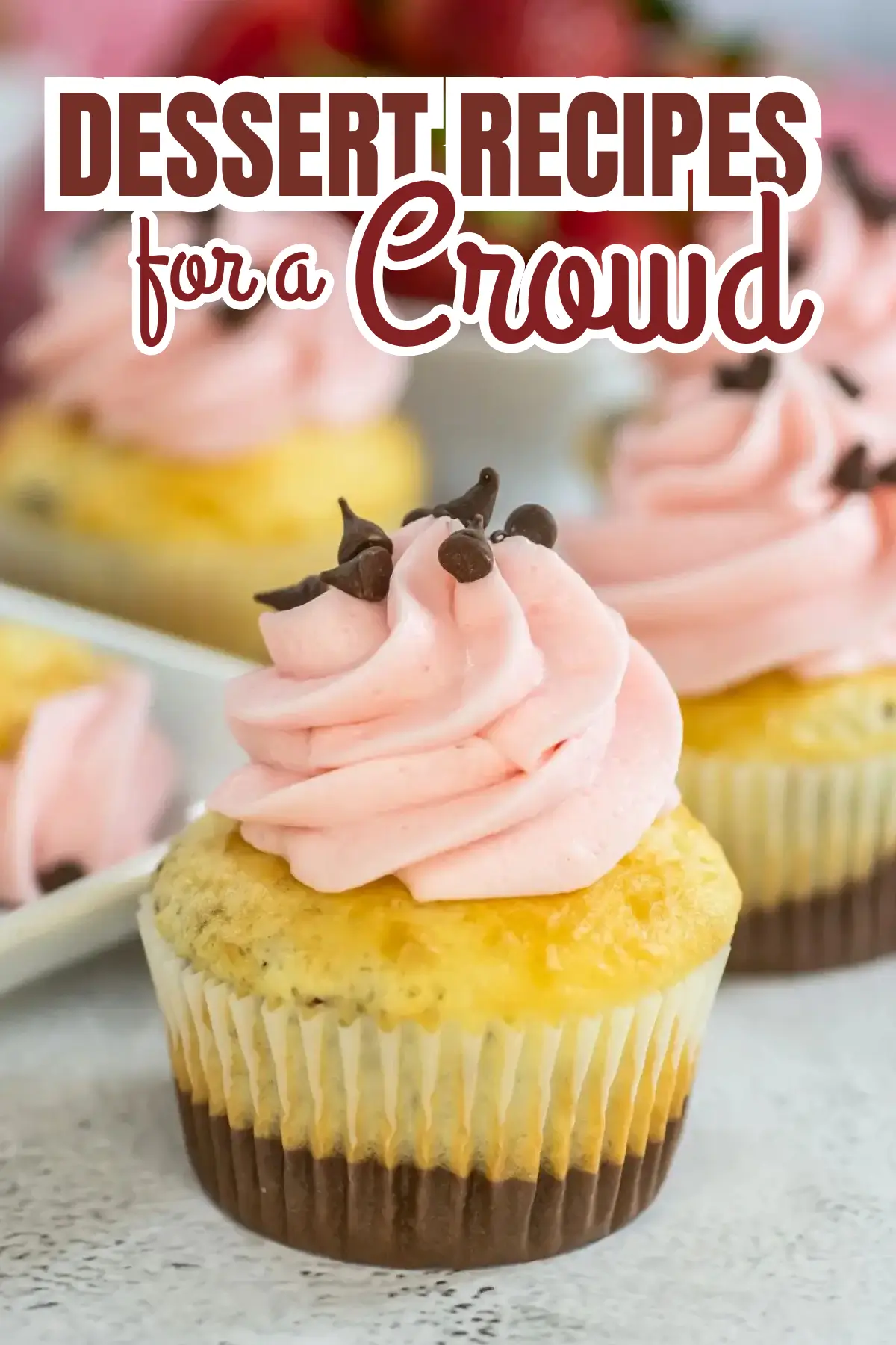 Vanilla cupcakes topped with pink strawberry frosting and chocolate chips, perfect dessert for a crowd
