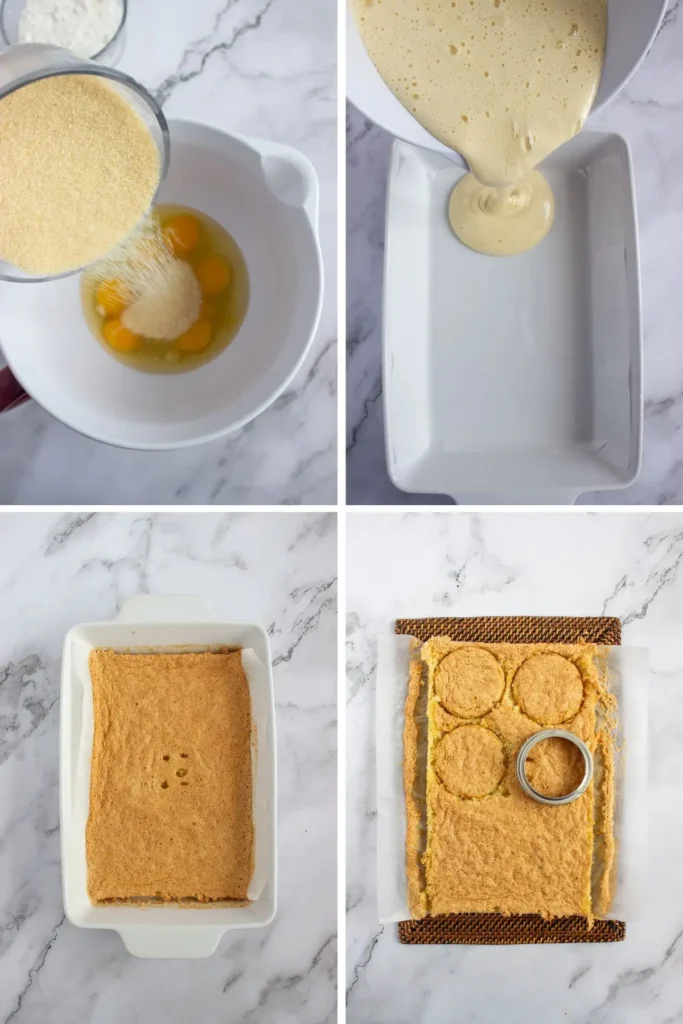 Step-by-step process of making mini tiramisu cake, from mixing eggs and sugar to baking and cutting out sponge cake rounds.