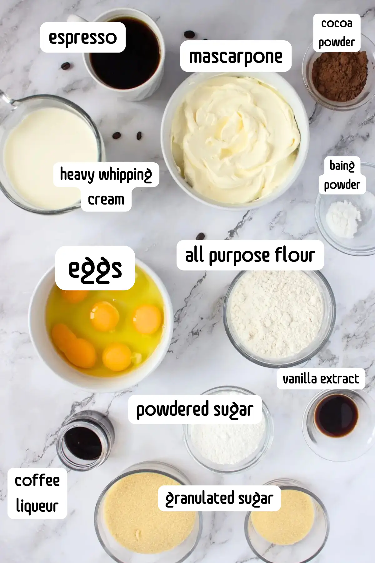 Overhead view of coffee dessert ingredients: espresso, mascarpone, cream, eggs, flour, cocoa, sugar, vanilla, liqueur.