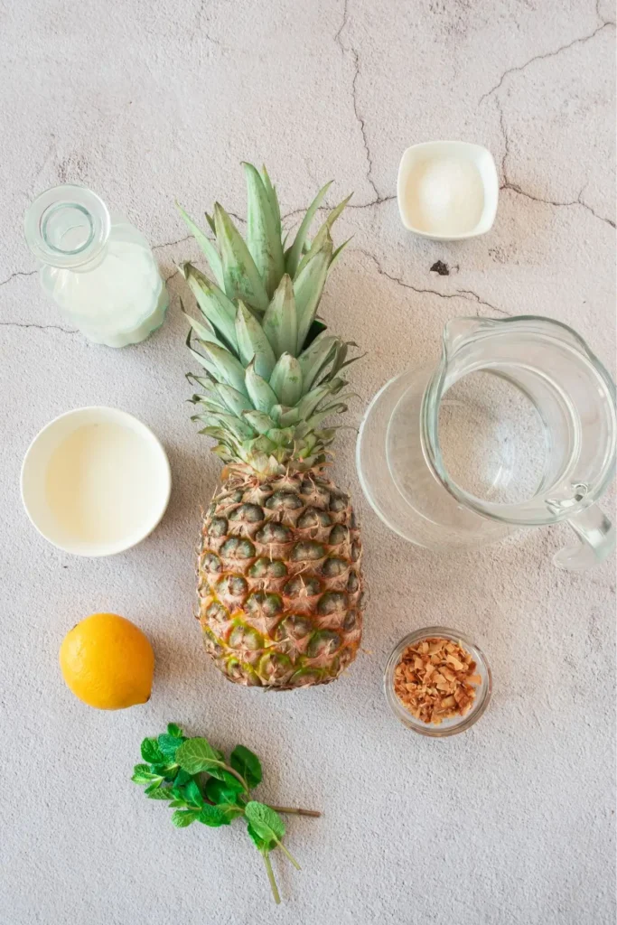 Ingredients for a healthy pineapple soda recipe, including fresh pineapple, lemon, mint leaves, and coconut flakes. Everything needed to make a delicious fruit soda drink at home.