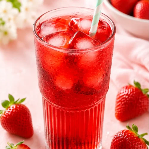 Refreshing strawberry iced drink in a tall textured glass with straw, fresh berries on pink