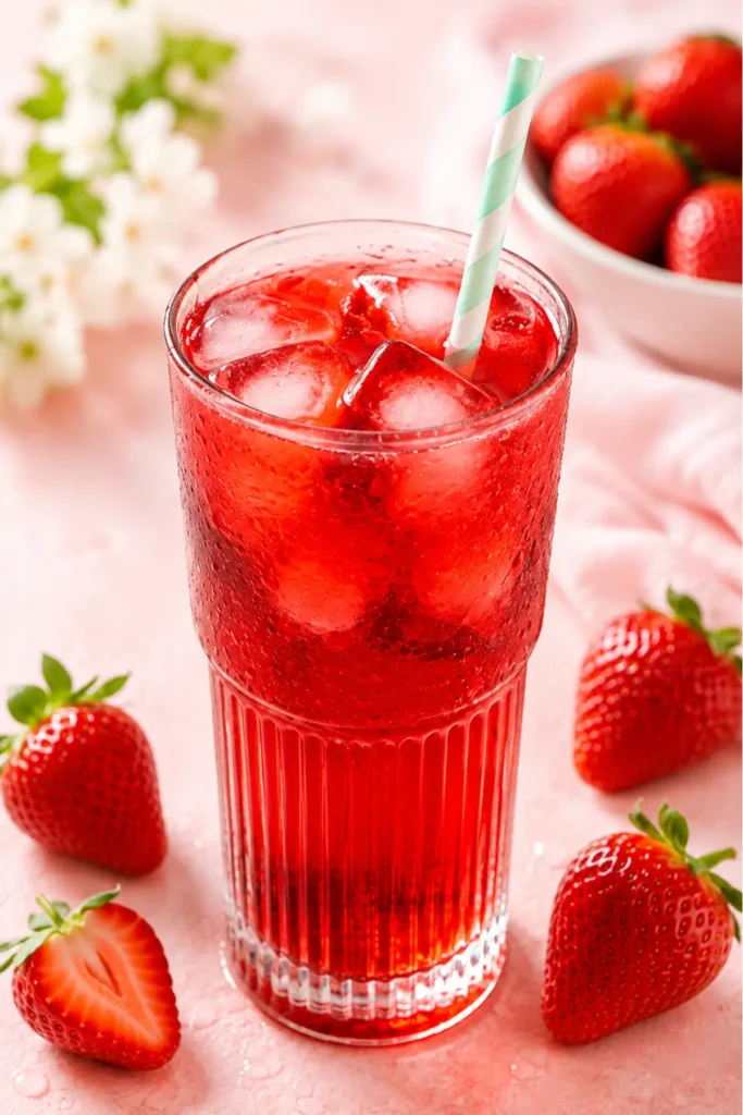 Refreshing strawberry iced drink in a tall textured glass with straw, fresh berries on pink