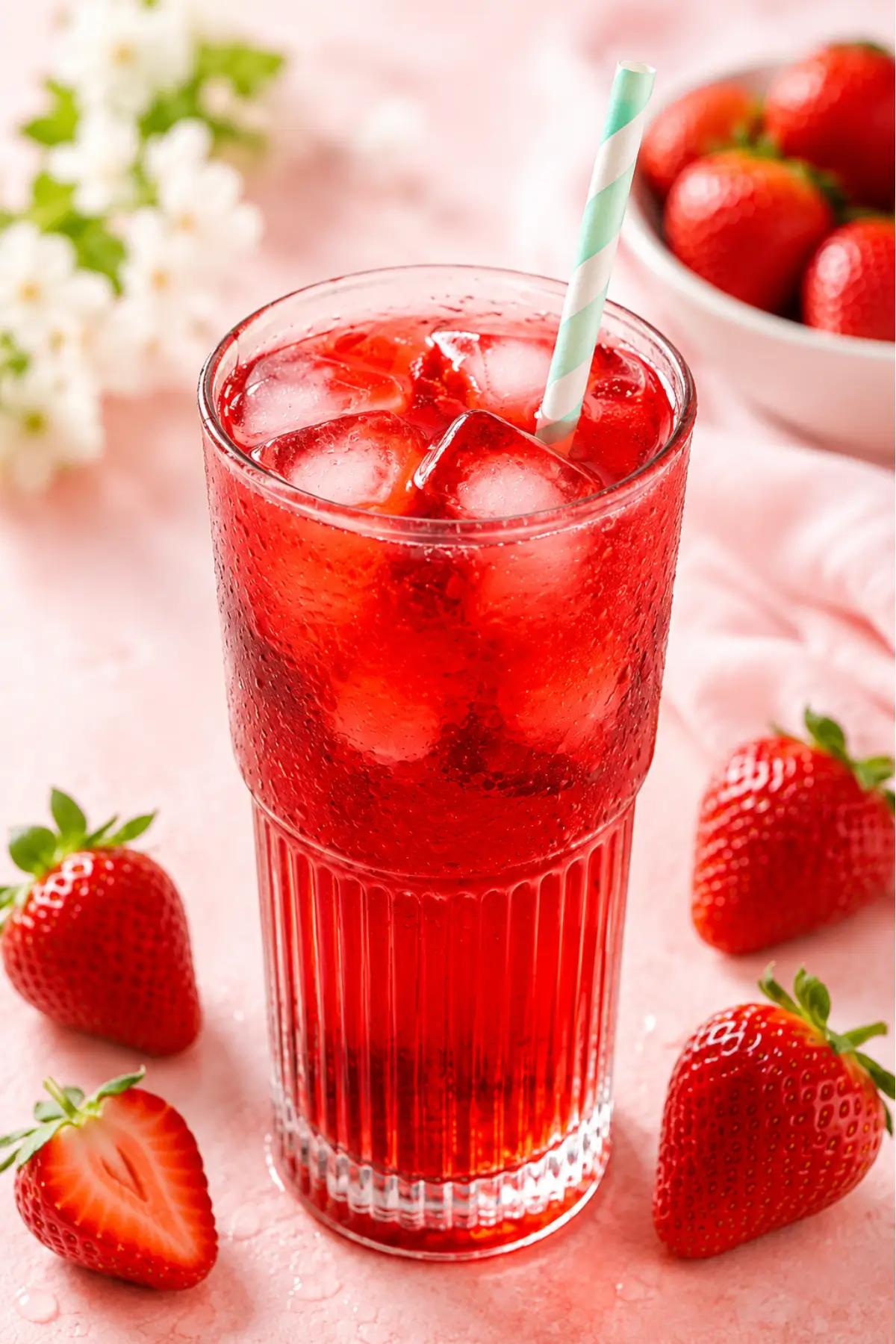 Refreshing strawberry iced drink in a tall textured glass with straw, fresh berries on pink