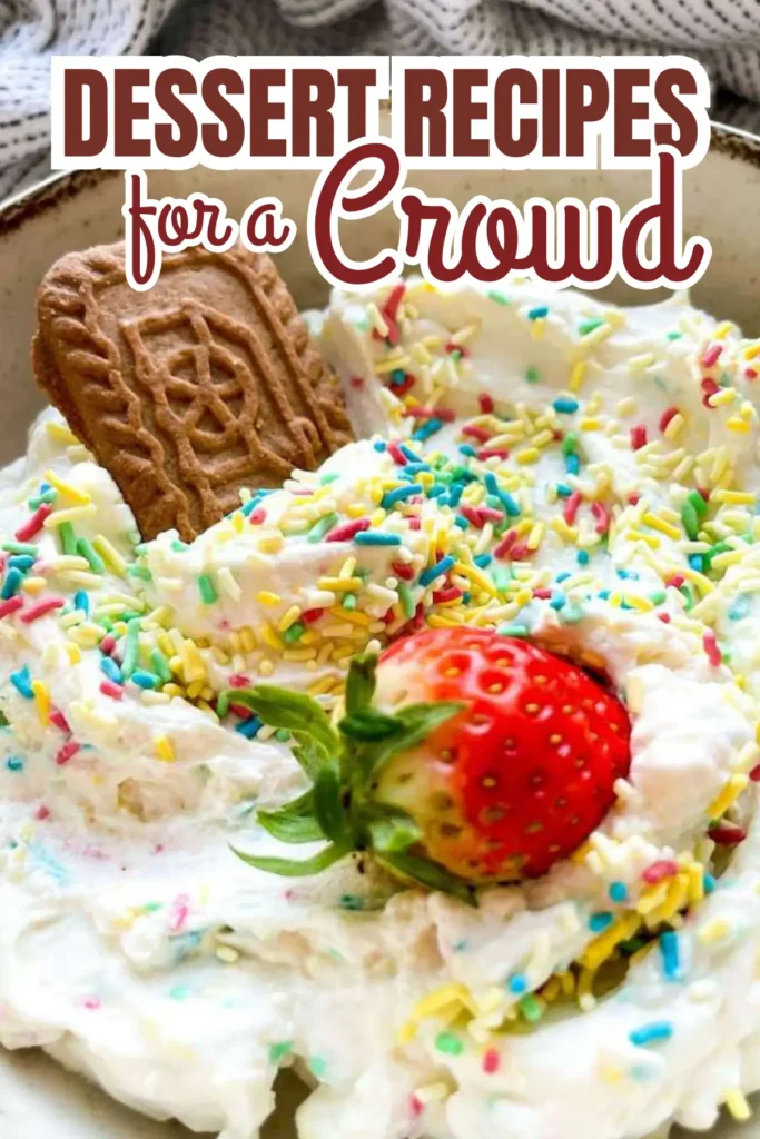 Whipped cream dessert dip with rainbow sprinkles, Biscoff cookie, and fresh strawberry
