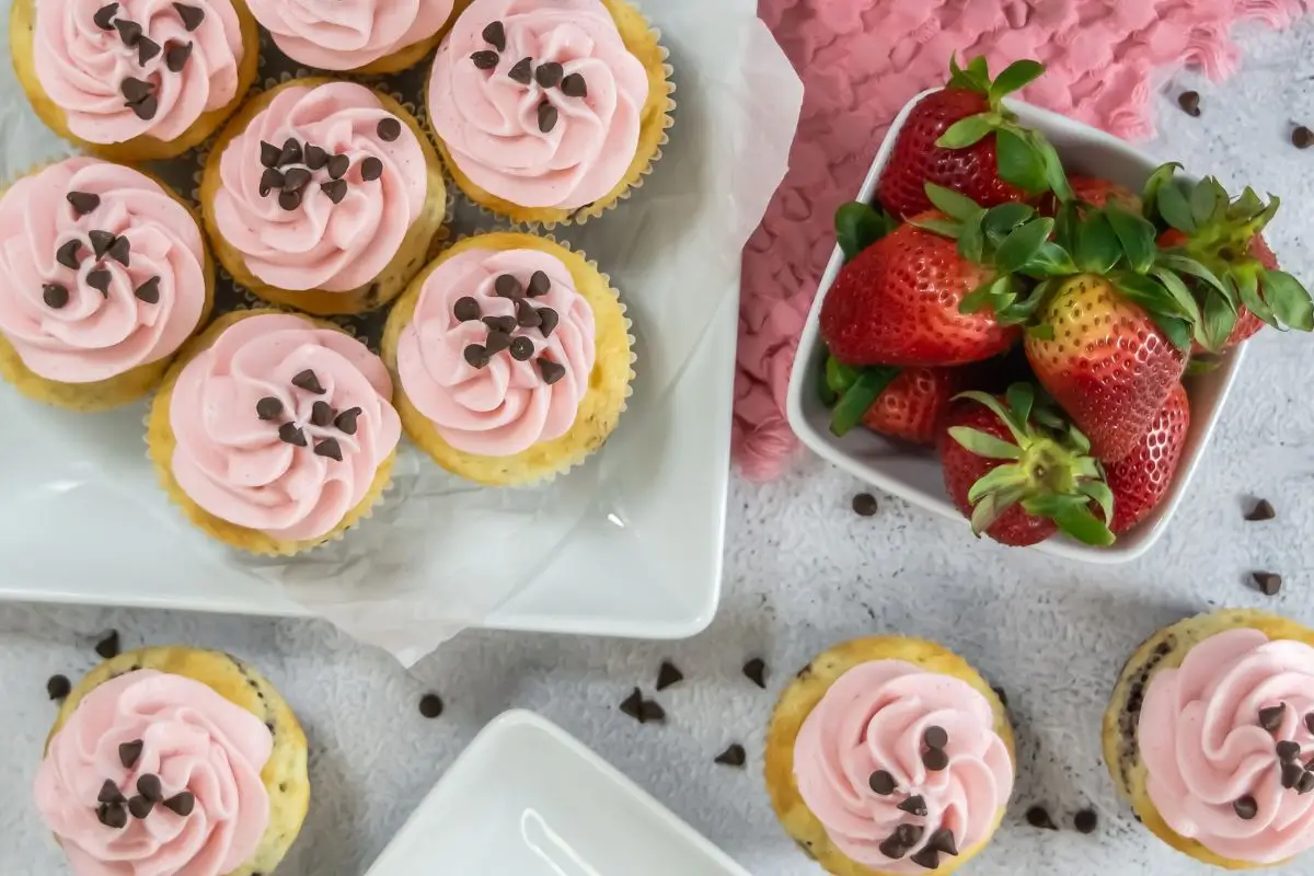 Vanilla and chocolate cupcakes with strawberry frosting and chocolate chips next to fresh strawberries — a perfect Neapolitan cupcake dessert using cake mix.