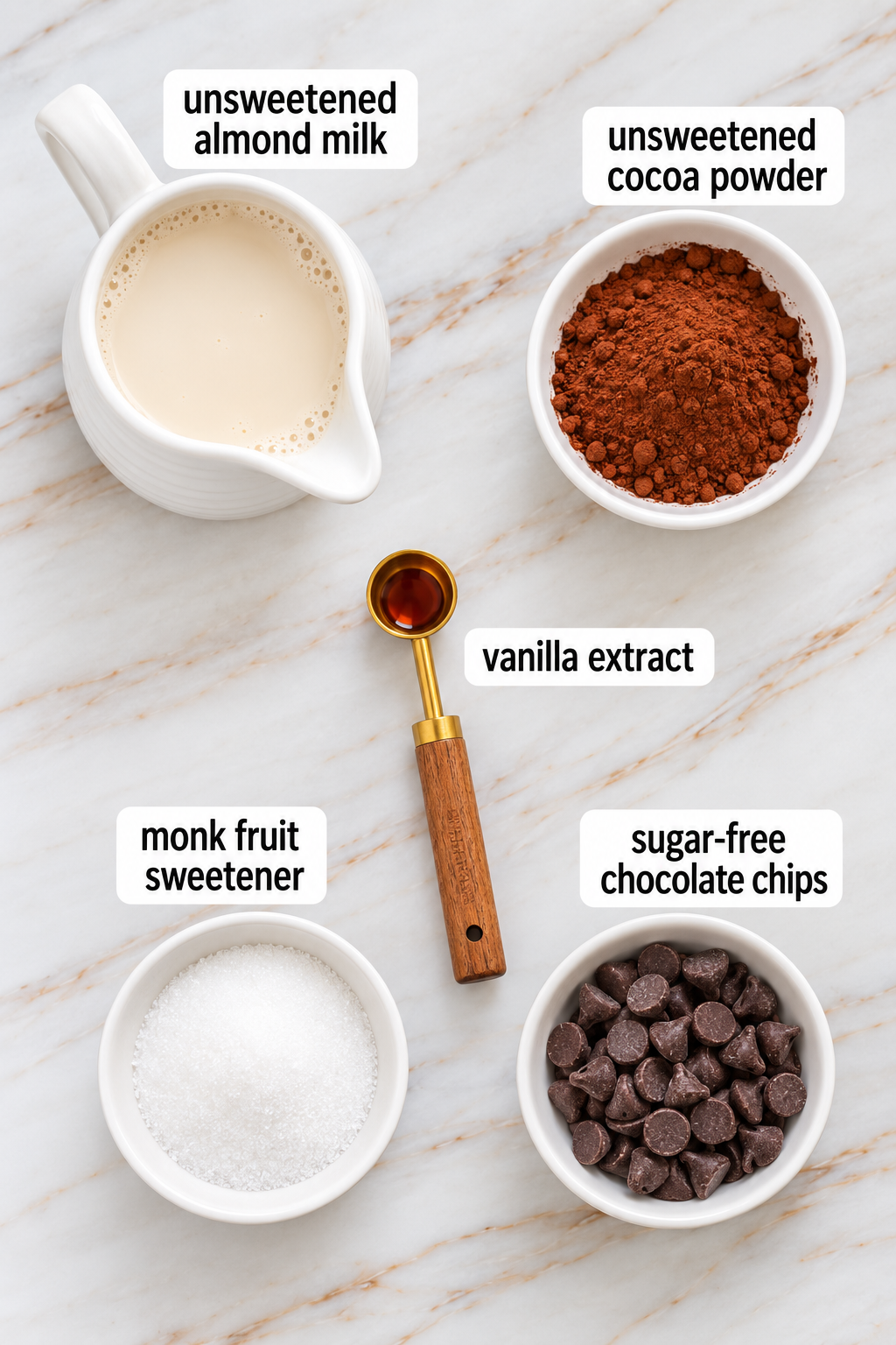 Ingredients for sugar-free hot chocolate with almond milk