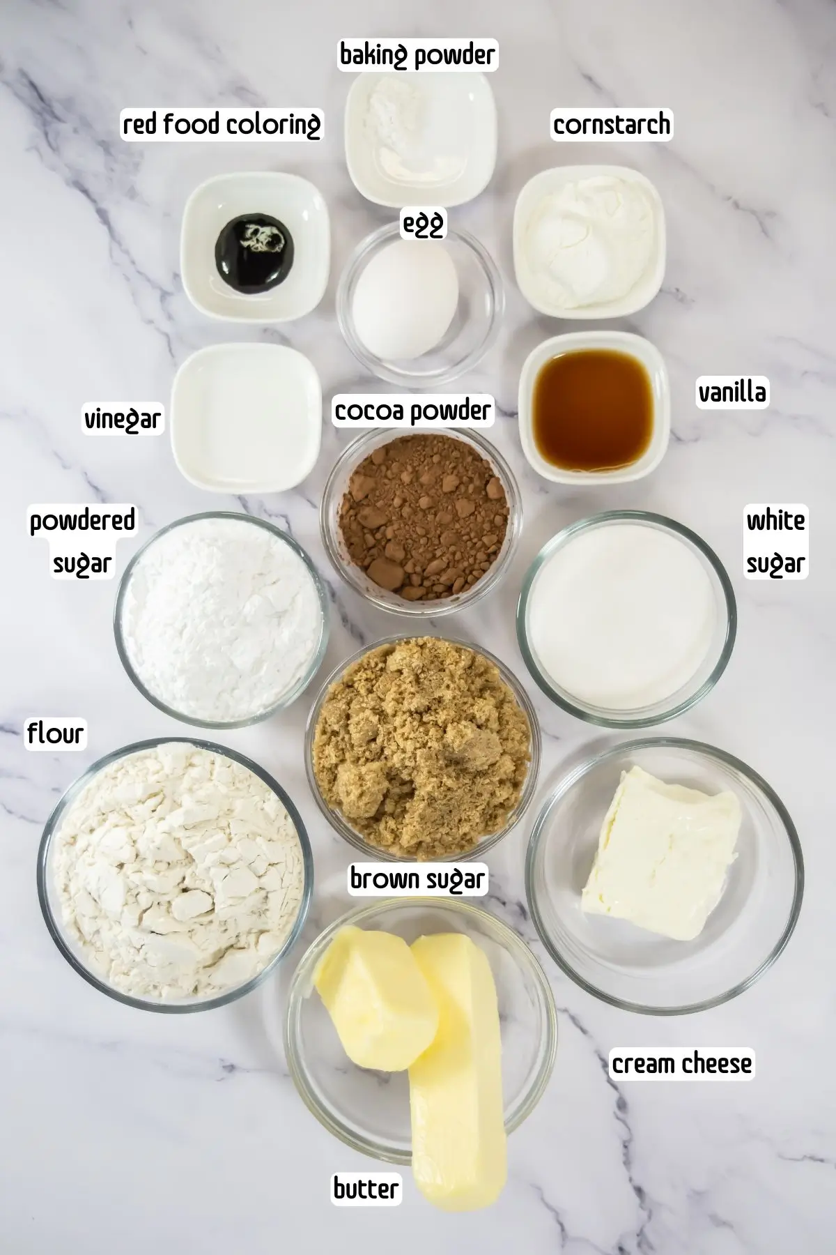 Red Velvet Crumbl Cookies (Crumbl Copycat) Ingredients on a table for baking easy red velvet cookies, perfect for holidays.