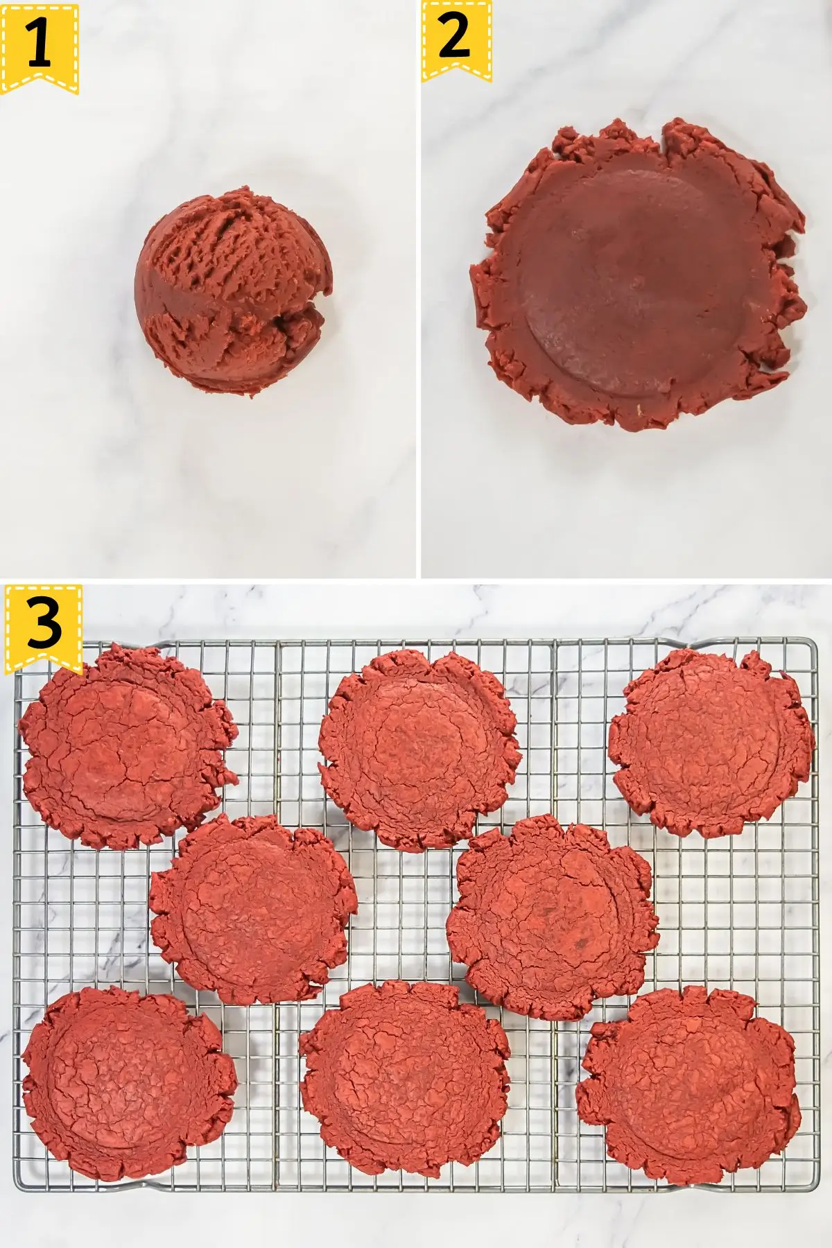 Red Velvet Crumbl Cookies (Crumbl Copycat) Step-by-step of making red velvet crumble cookies: a dough ball scooped, flattened to ½ inch, and seven red cookie dough rounds on a cooling rack, ready to bake.