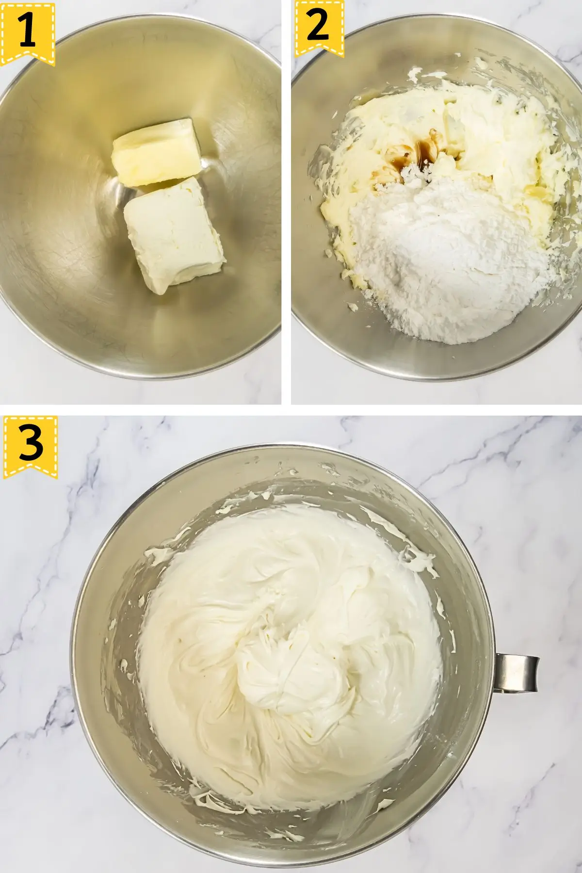 Red Velvet Crumbl Cookies (Crumbl Copycat) Steps for making cream cheese frosting: mixing butter and cream cheese, adding powdered sugar and vanilla, then whipping it smooth for a copycat red velvet cookie topping.