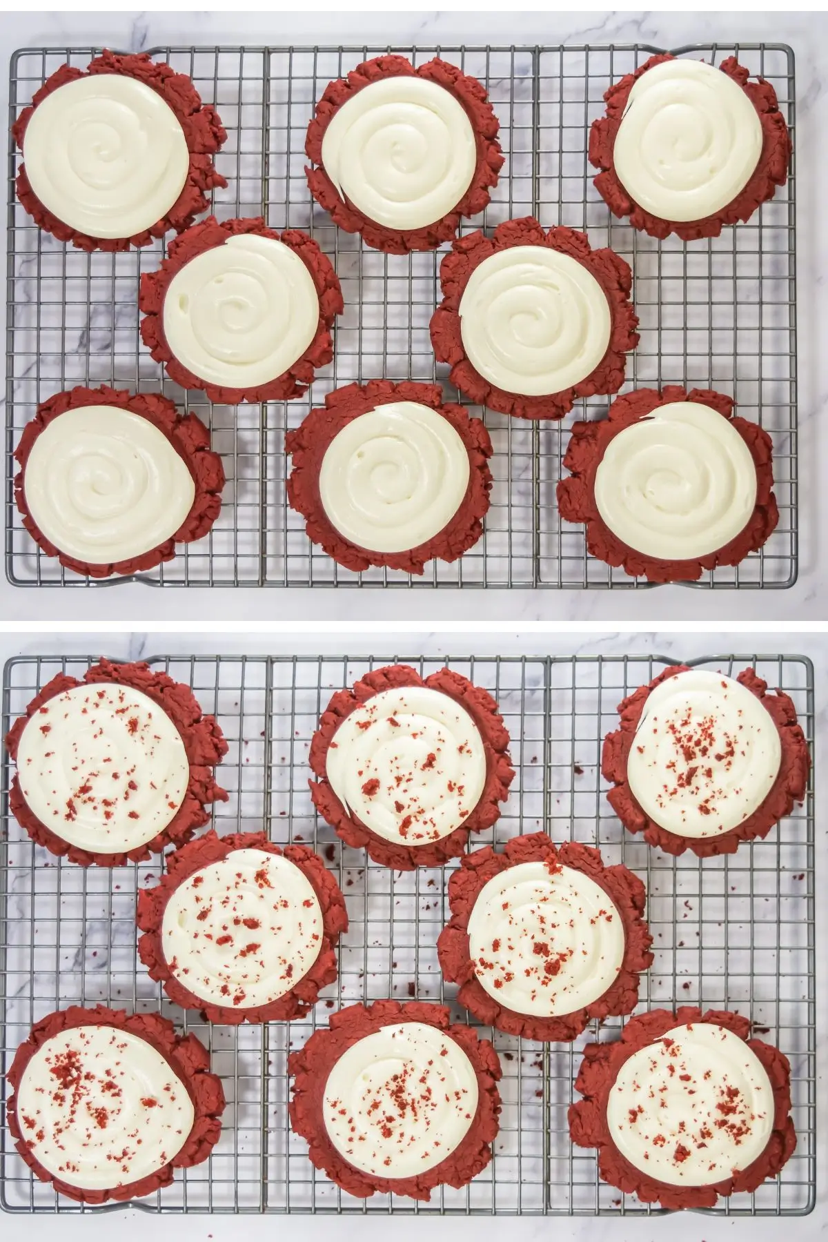 Red Velvet Crumbl Cookies (Crumbl Copycat) Piping frosting onto a soft red velvet cookie for a Crumbl copycat dessert recipe.