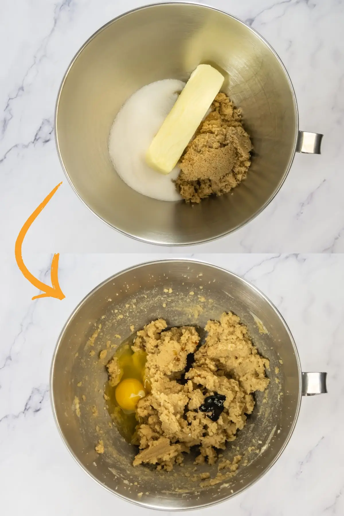 Red Velvet Crumbl Cookies (Crumbl Copycat) Mixing bowl with butter, white sugar, and brown sugar for a copycat red velvet cookie recipe, then adding an egg, vanilla, and red food coloring to make the dough red.