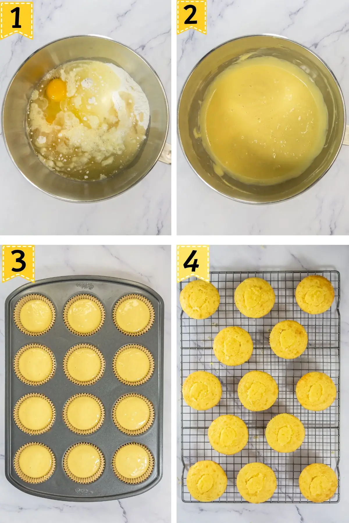 Boston Cream Pie Cupcakes Four steps: cake mix and wet ingredients, smooth batter, filled cupcake liners, baked cupcakes on rack