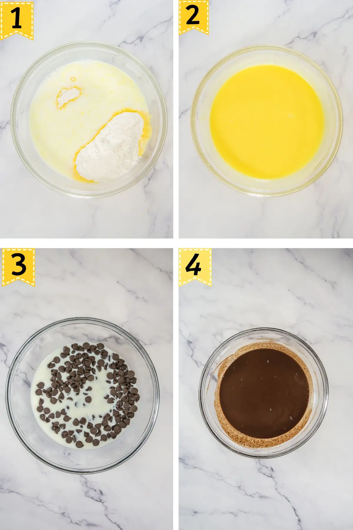Boston Cream Pie Cupcakes Four steps: pudding mix in bowl, whisked filling, chocolate chips with cream, smooth ganache
