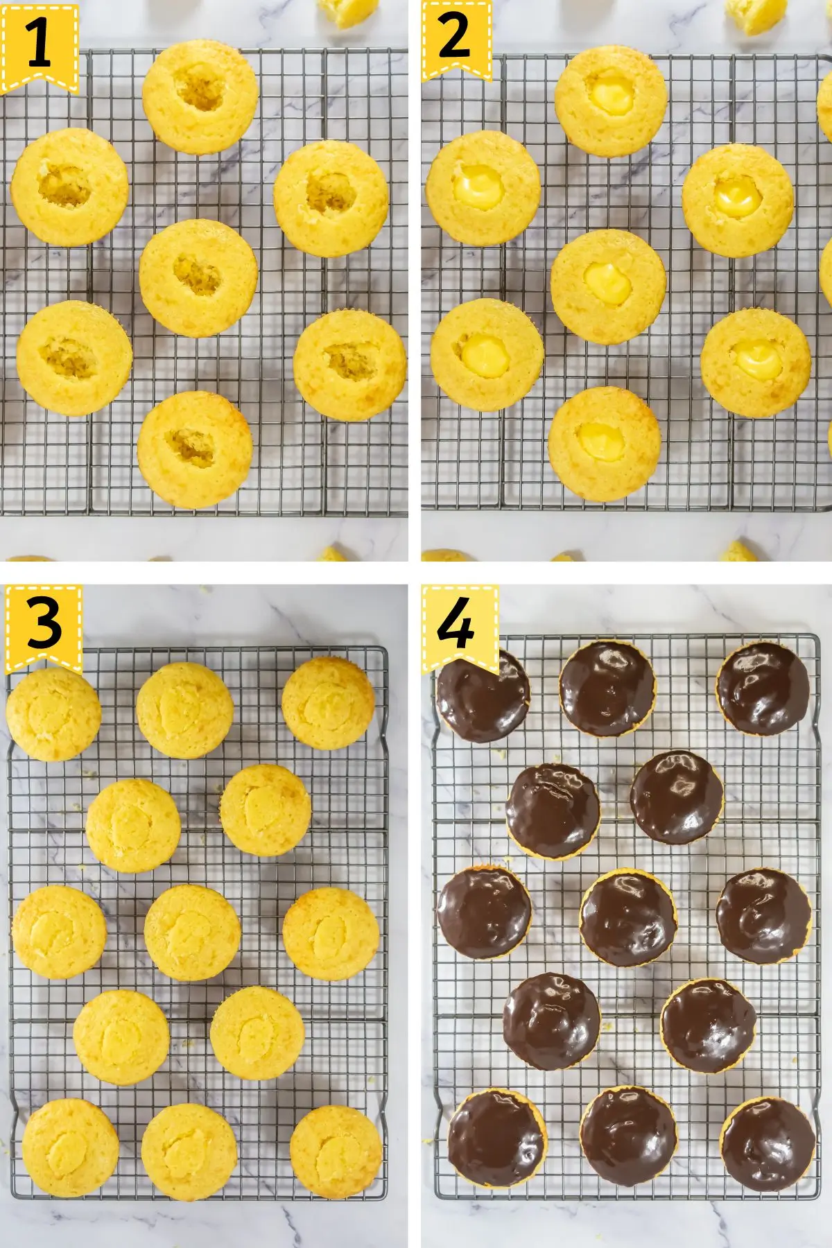 Boston Cream Pie Cupcakes Four stages of coring, filling, and ganache dipping on cooling racks