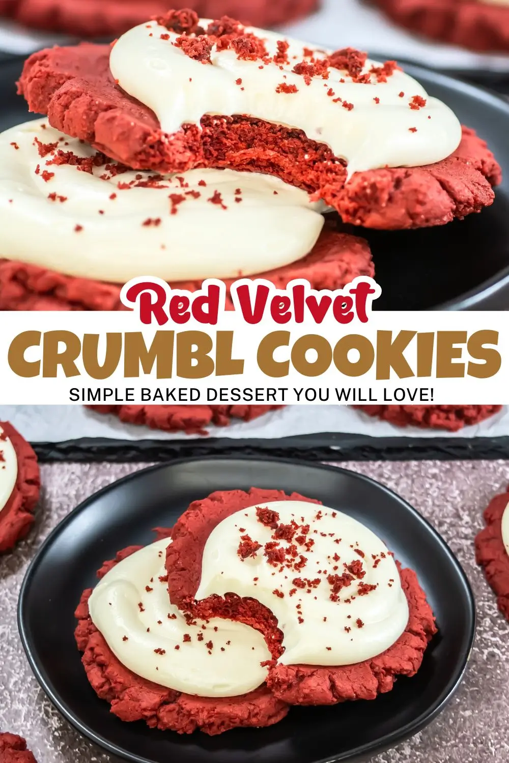Red Velvet Crumbl Cookies (Crumbl Copycat) Yummy red velvet crumble cookies with creamy cream cheese frosting and red crumbs on a black plate, perfect for a party dessert or holiday cookies!