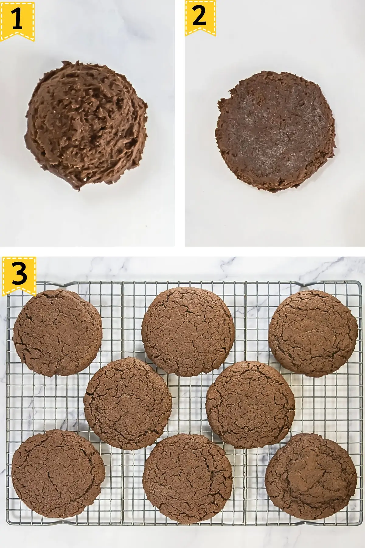 German Chocolate Cake Crumbl Cookies tep-by-step images of German chocolate cake Crumbl cookie dough being scooped, flattened, and baked into thick, chewy chocolate cookies.