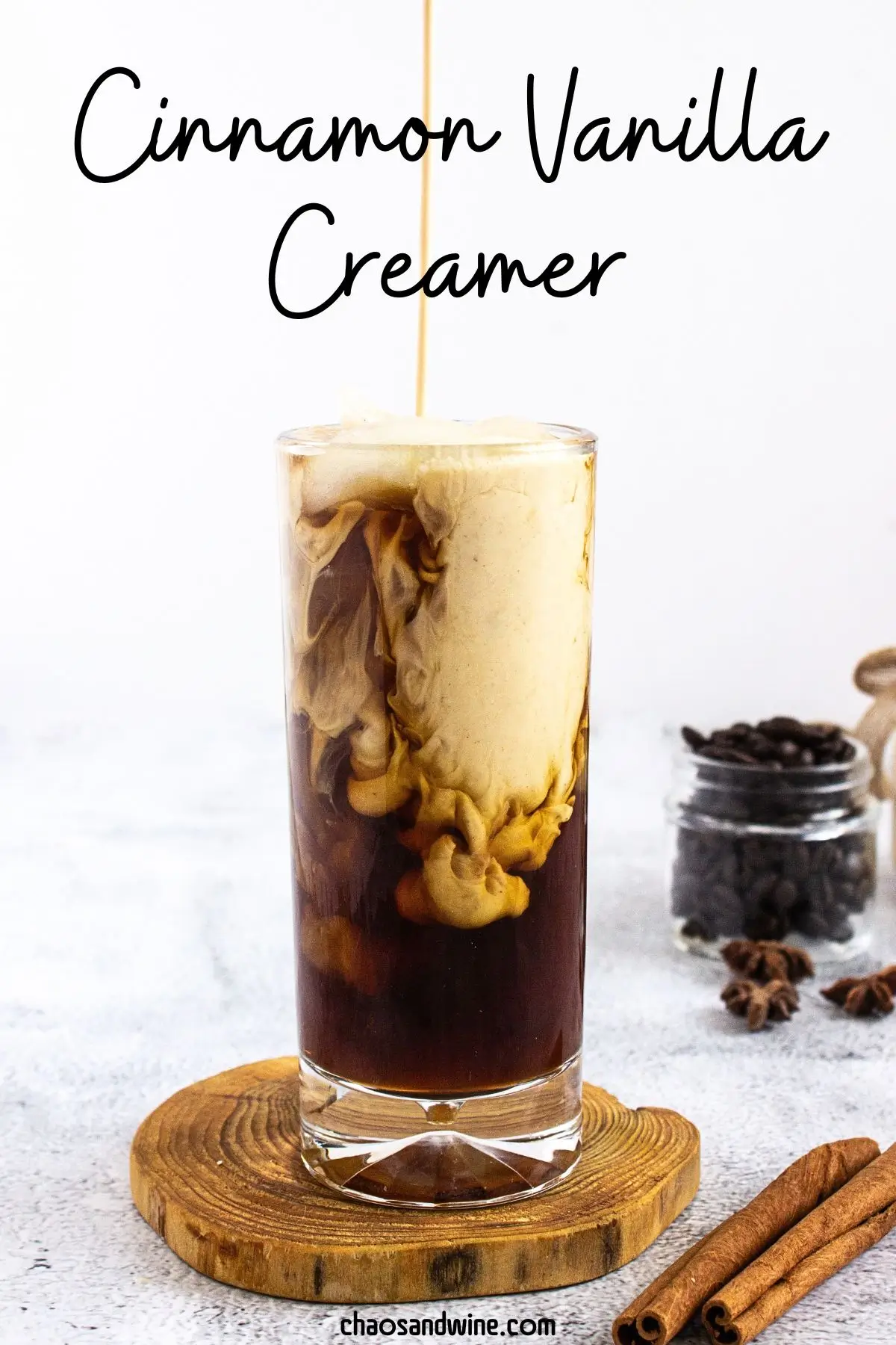 Homemade Cinnamon Vanilla Creamer (Cinnabon-Style) cinnamon vanilla creamer poured in a glass with coffee
