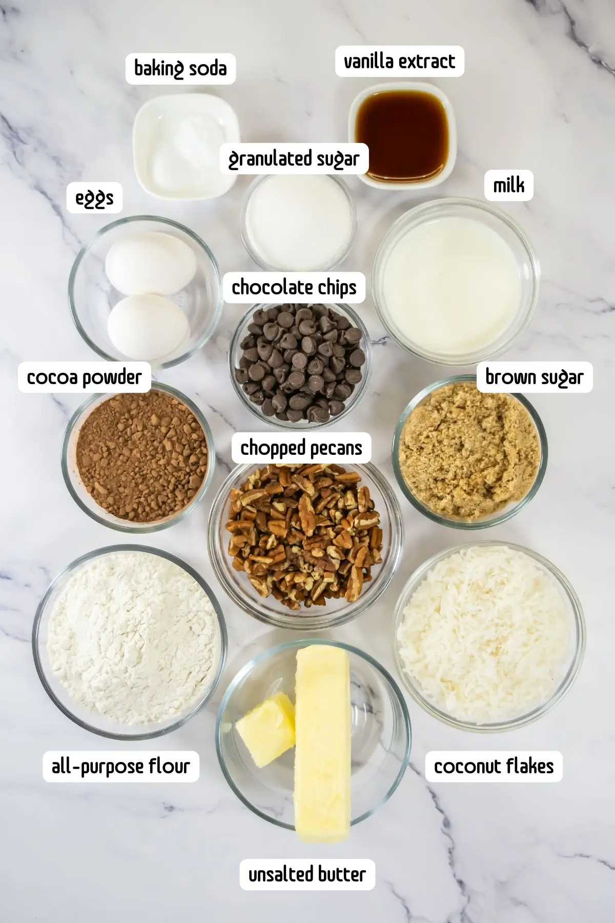 German Chocolate Cake Crumbl Cookies All ingredients for German chocolate cake Crumbl cookie laid out,