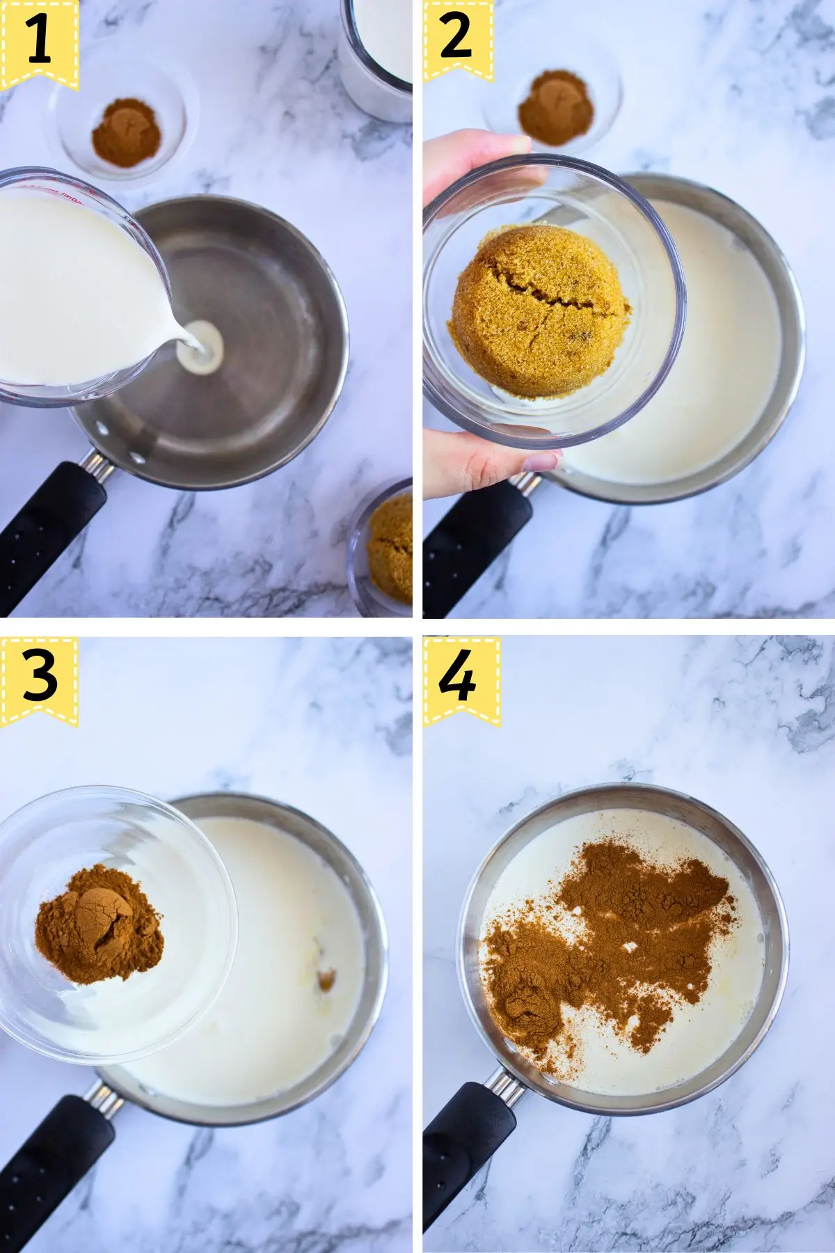 Homemade Cinnamon Vanilla Creamer (Cinnabon-Style) Step-by-step collage showing how to make a cinnamon sweet cream tea creamer