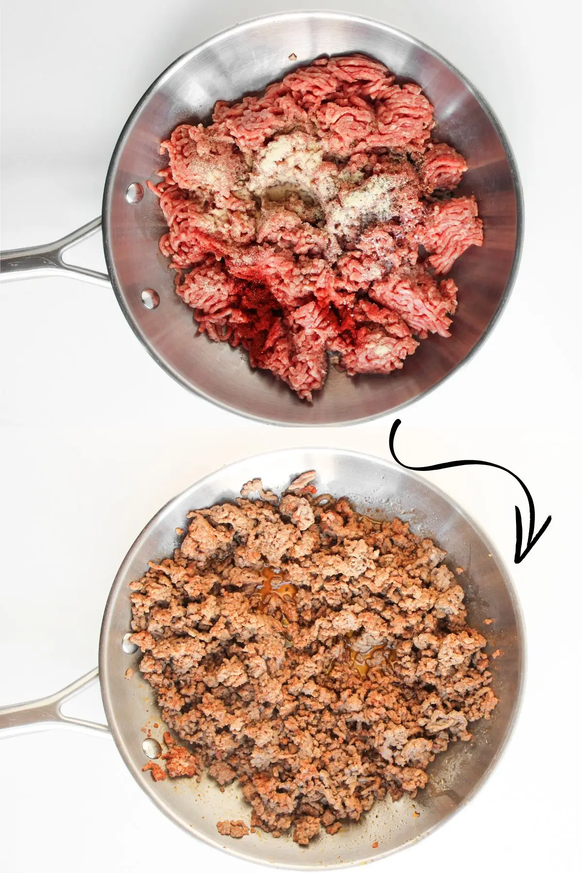 The Best Big Mac Sliders Seasoned ground beef cooking in a skillet for homemade Big Mac Sliders