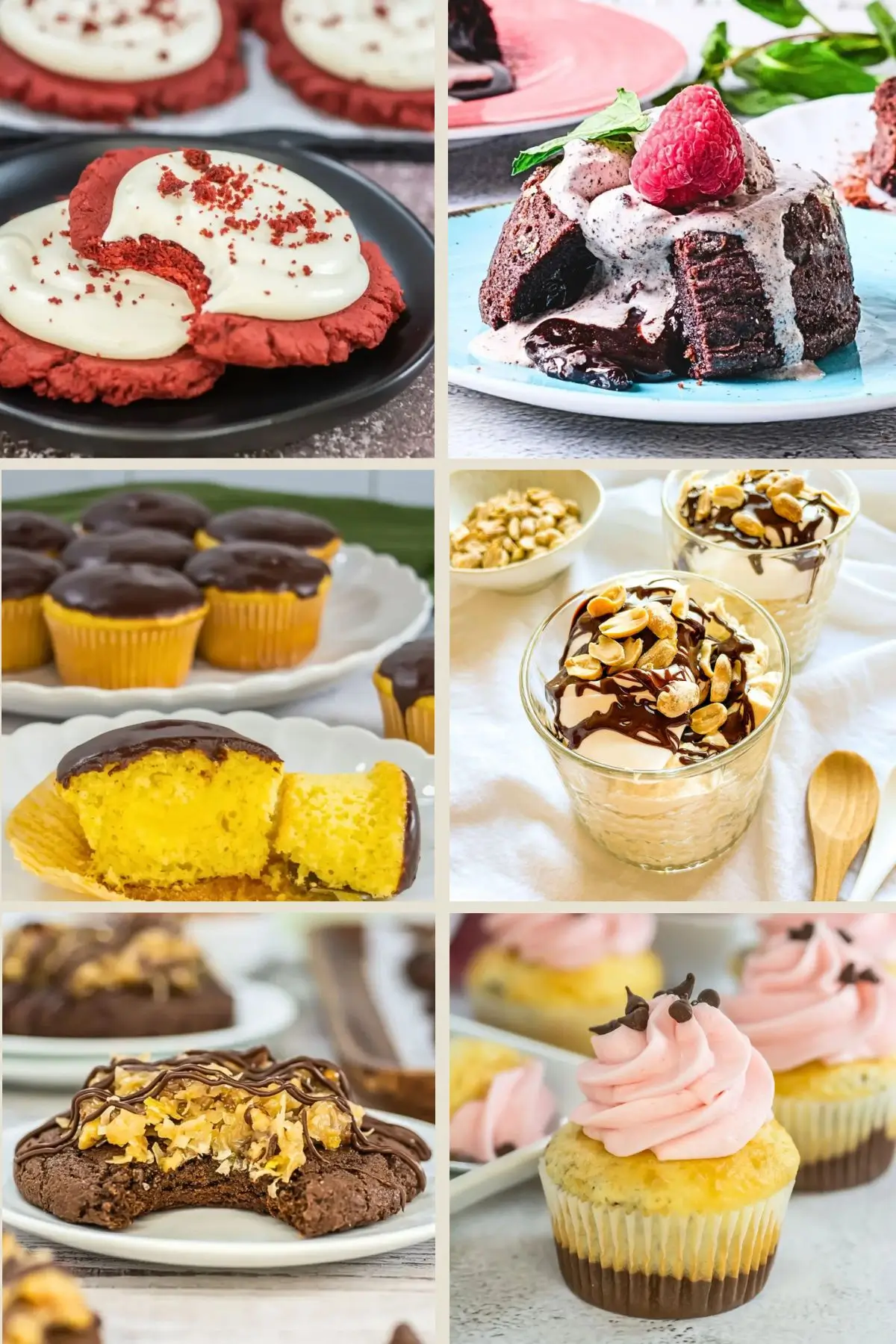 20+ Single Serve Desserts Simple To Make A collage of single serve desserts including red velvet cookies with cream cheese frosting, molten lava chocolate cake, Boston cream cupcakes, peanut butter mousse cups, German chocolate cookies, and mini cheesecakes with pink frosting.