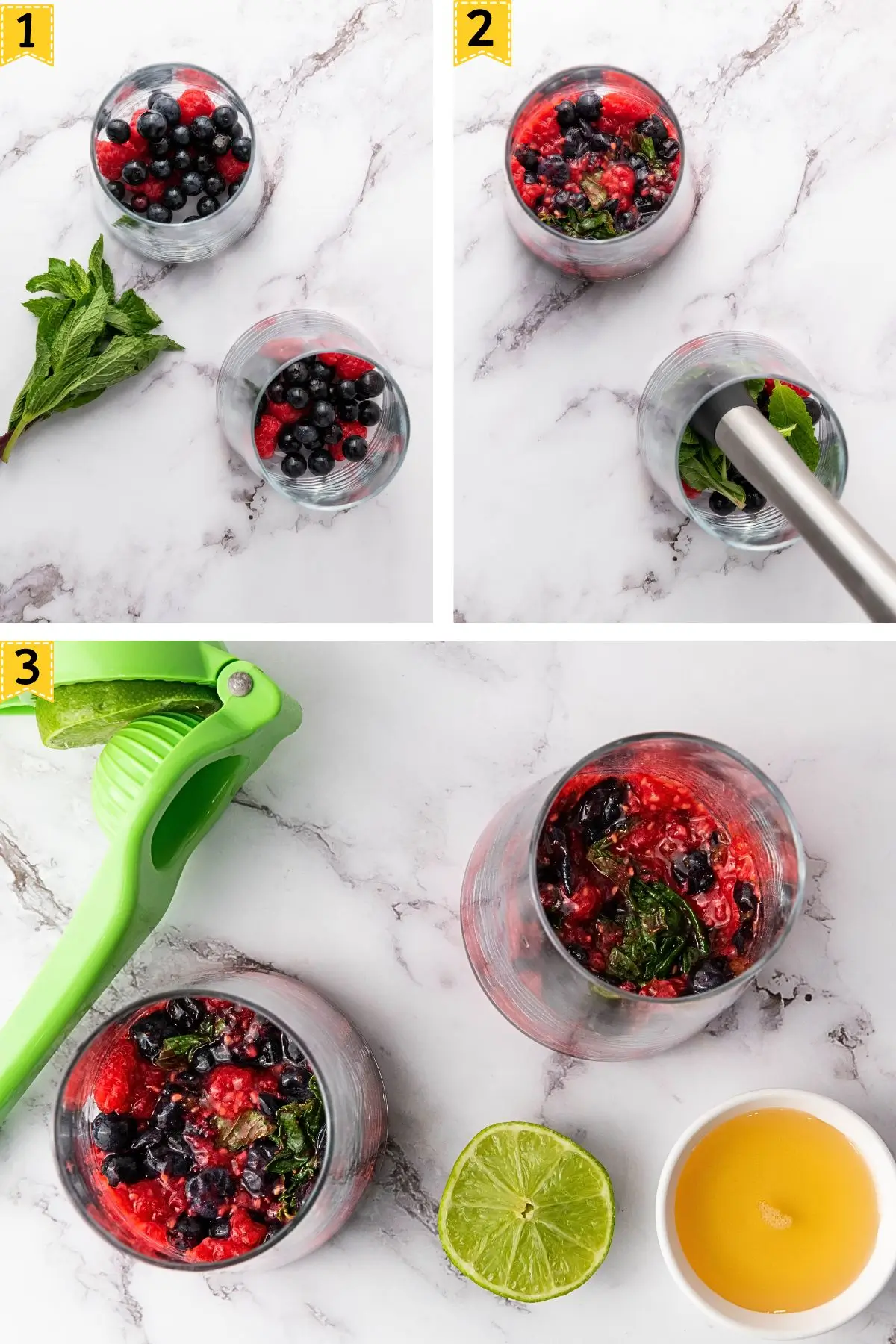 Two glasses with blueberries, raspberries, and mint leaves being gently mashed with a muddler for a refreshing summer mocktail, step one of making it.