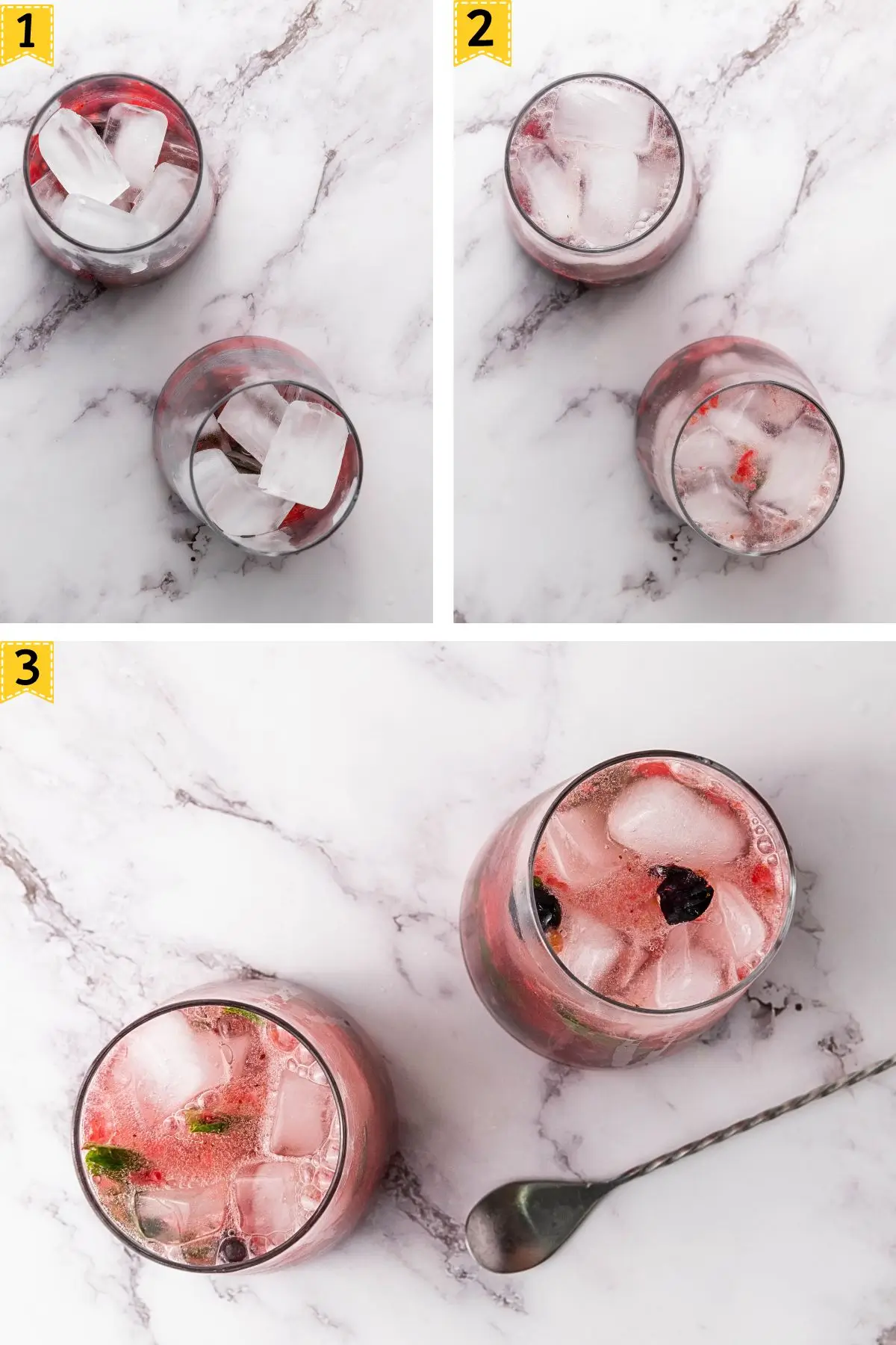 Glasses filled with ice and soda water poured over mashed berries for a party mocktails for kids, showing how to mix the blueberry raspberry mint mocktail.