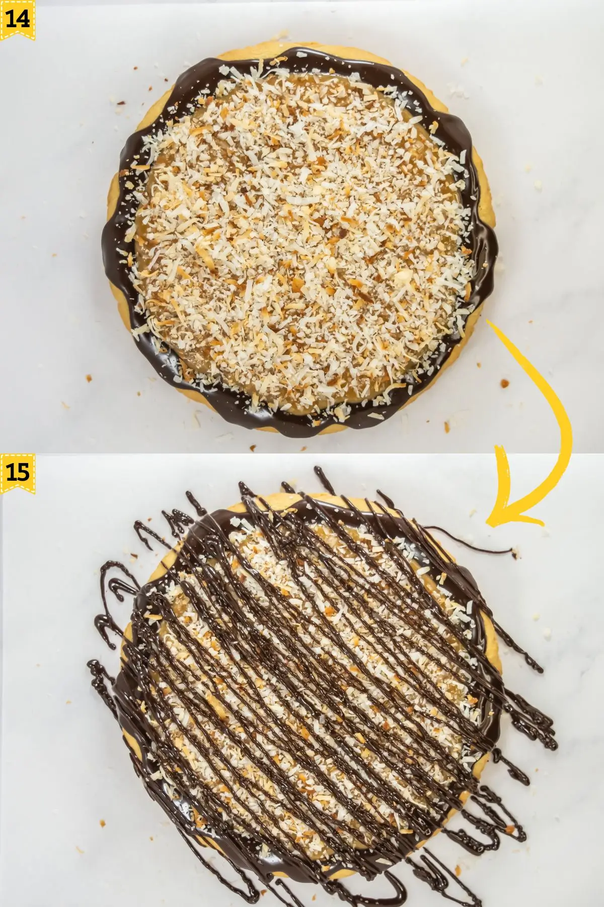 Chocolate and Caramel Samoa Cookie Cake decorating steps for samoa cookie cake