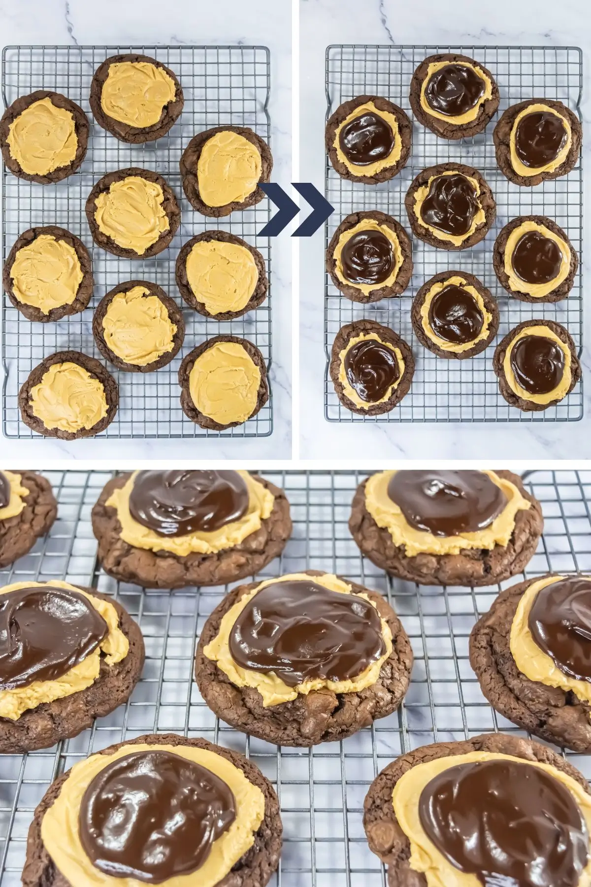 Crumbl Copycat Buckeye Brownie Cookies steps to make layers on buckeye brownie crumbl cookies