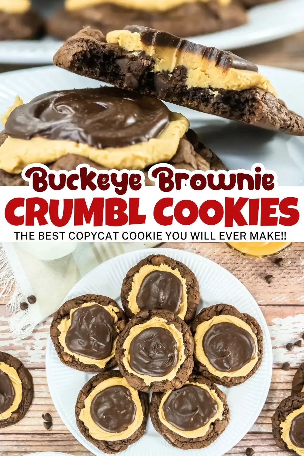 Crumbl Copycat Buckeye Brownie Cookies pin image for homemade crumbl cookies