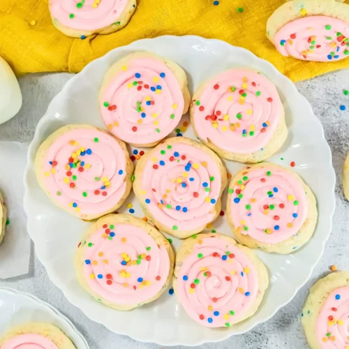 Pink Confetti Cake Cookies (Crumbl Copycat) colorful pink blue green cookies