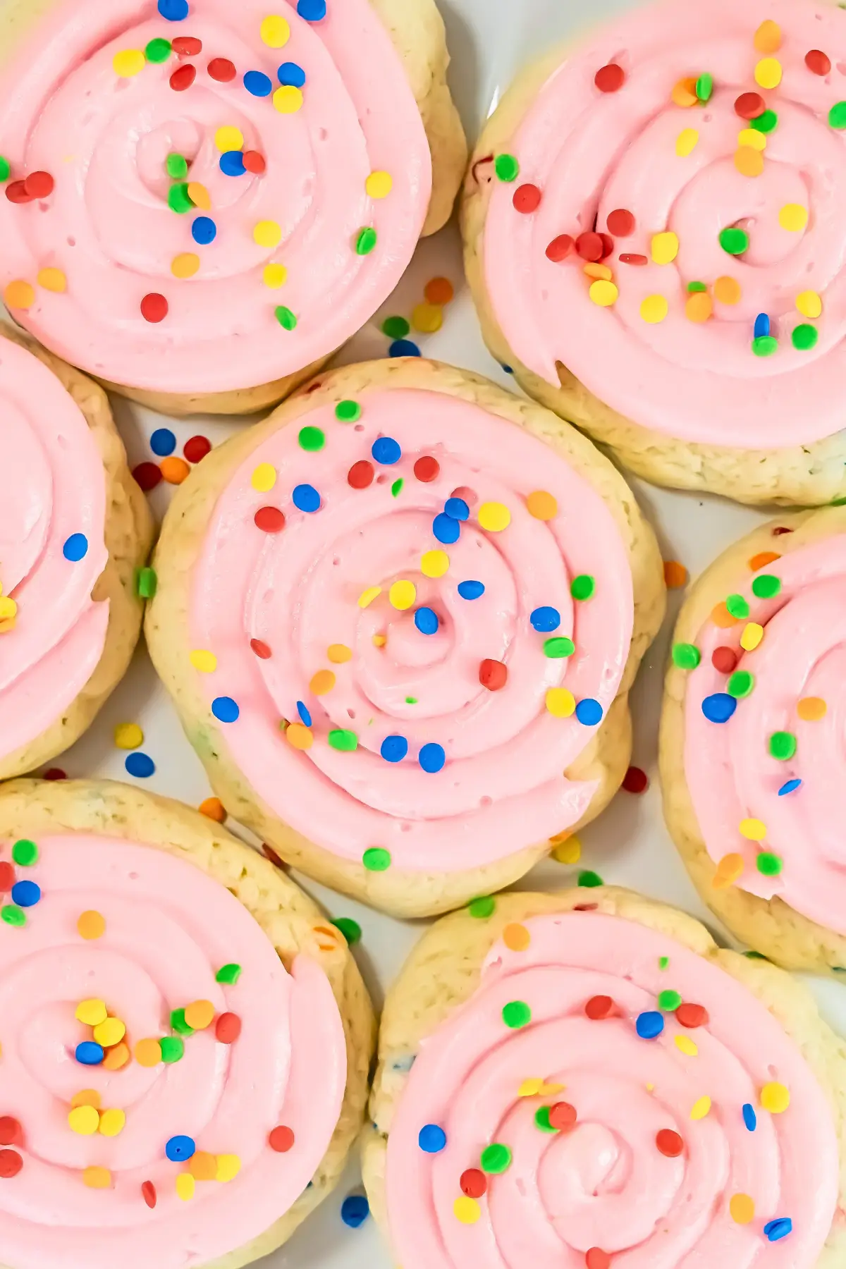 Pink Confetti Cake Cookies (Crumbl Copycat) close up of confetti pink cookies
