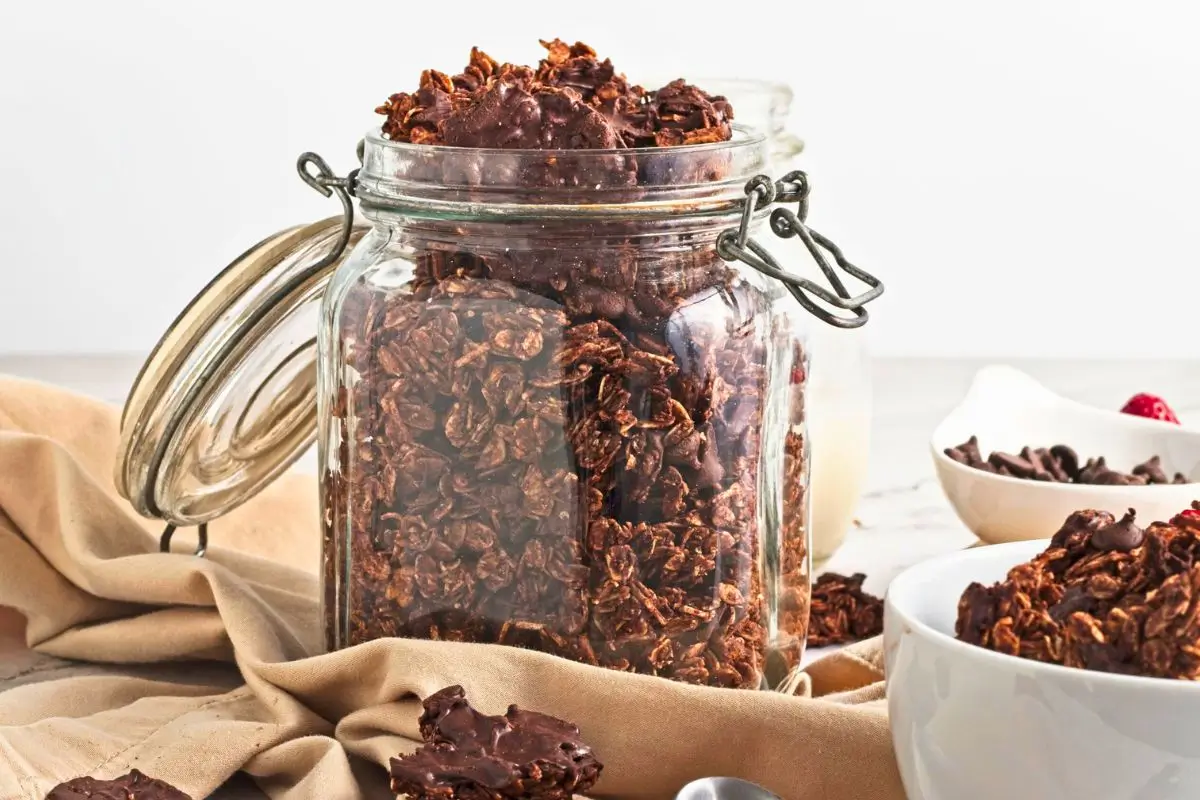 chocolate coconut granola in a jar