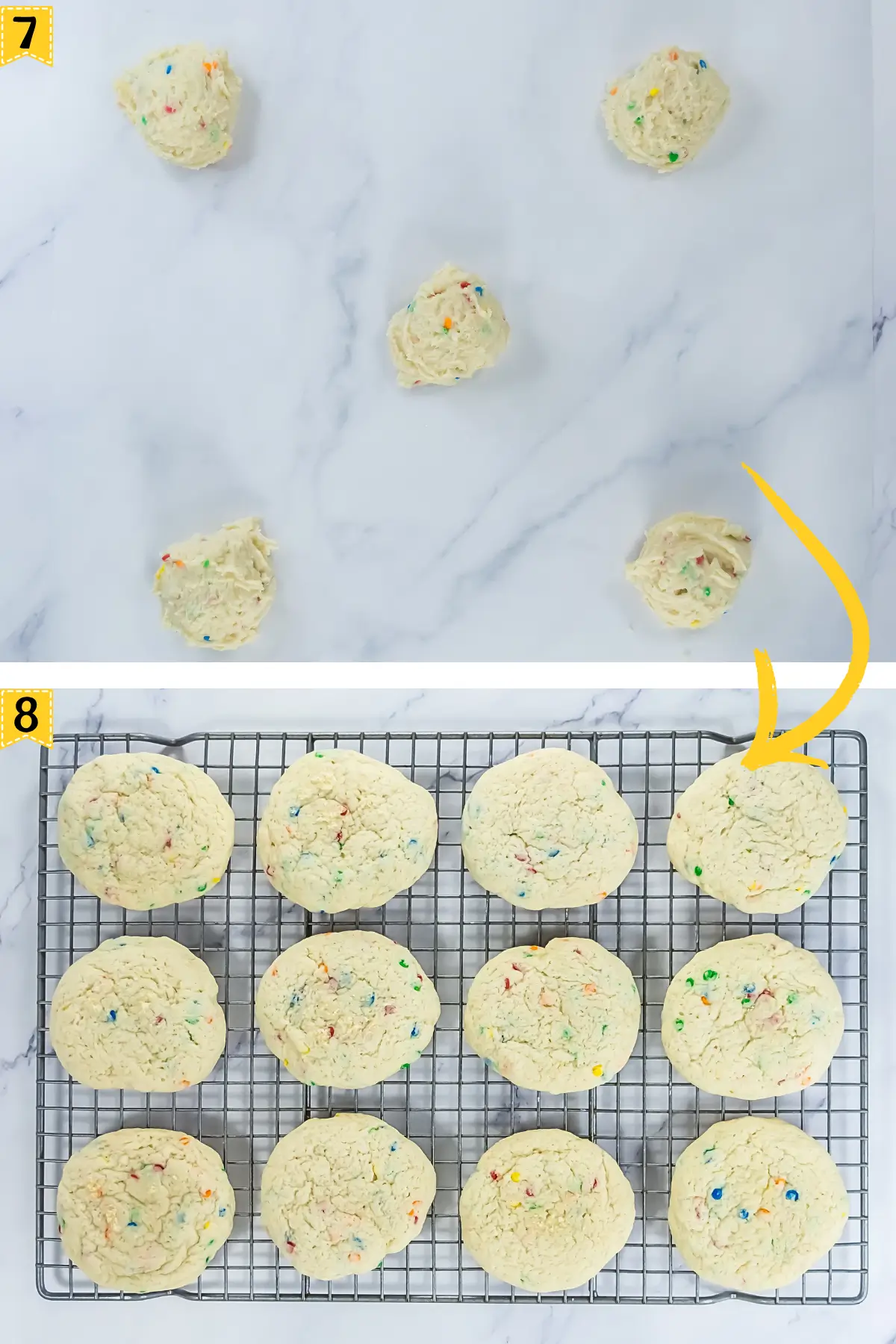 Funfetti cookie dough scoops and freshly baked sprinkle cookies cooling on a rack, step-by-step tutorial