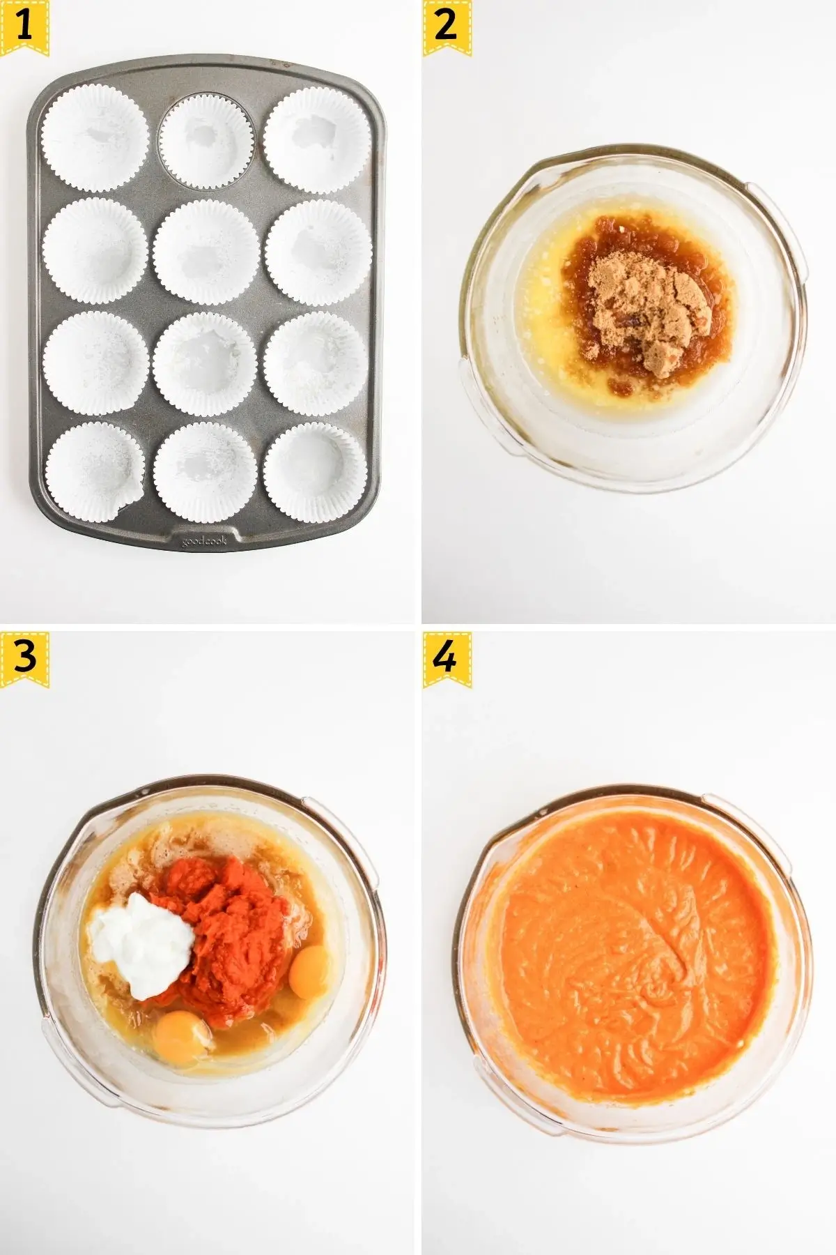 The Best Easy Pumpkin Muffins with Cream Cheese Frosting Step-by-step images showing muffin tin lined with paper cups, mixing wet and dry ingredients, and smooth pumpkin batter in a glass bowl.