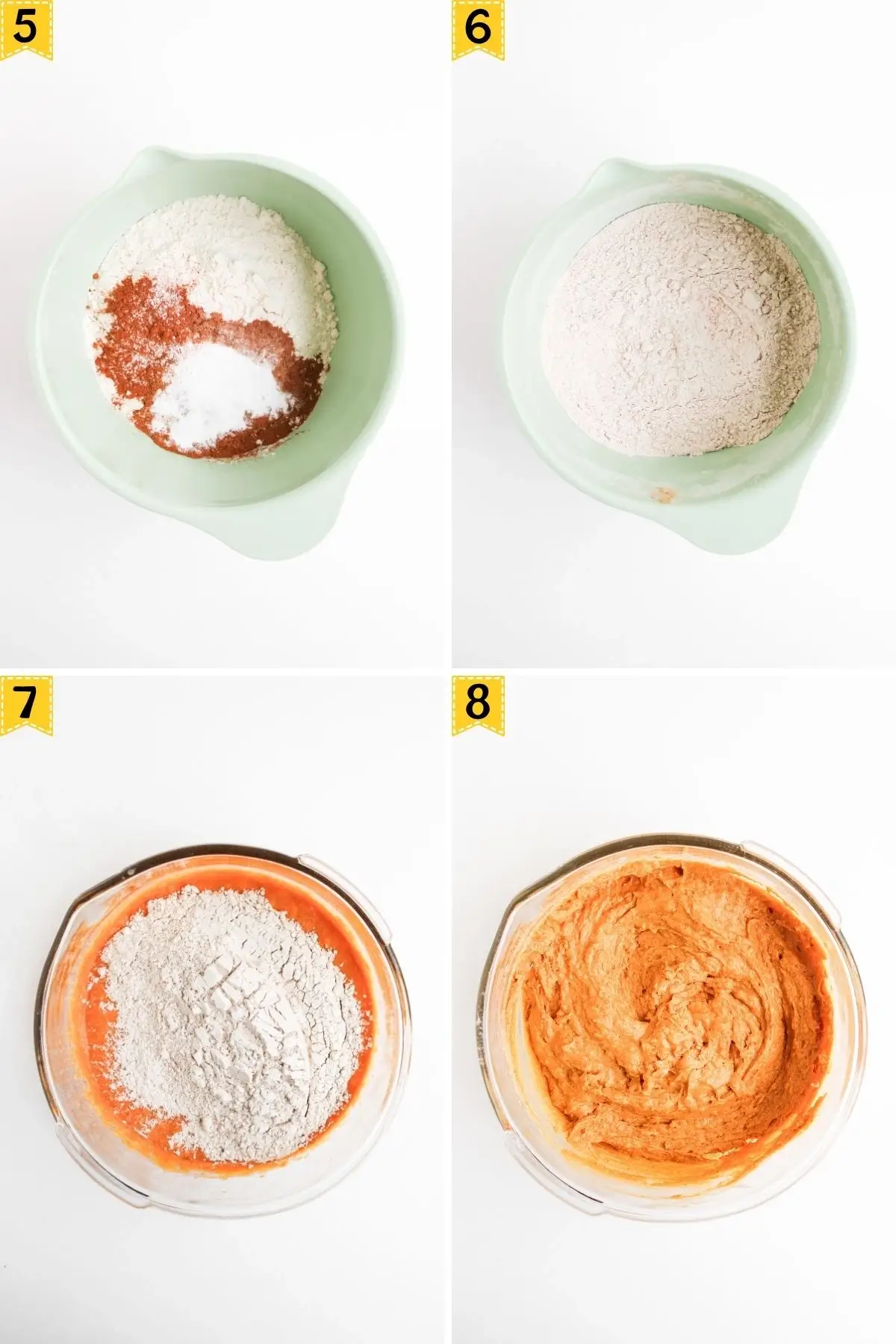 The Best Easy Pumpkin Muffins with Cream Cheese Frosting Step-by-step images showing dry ingredients in a mixing bowl, whisked dry ingredients, dry ingredients added to pumpkin mixture, and pumpkin muffin batter mixed until smooth.