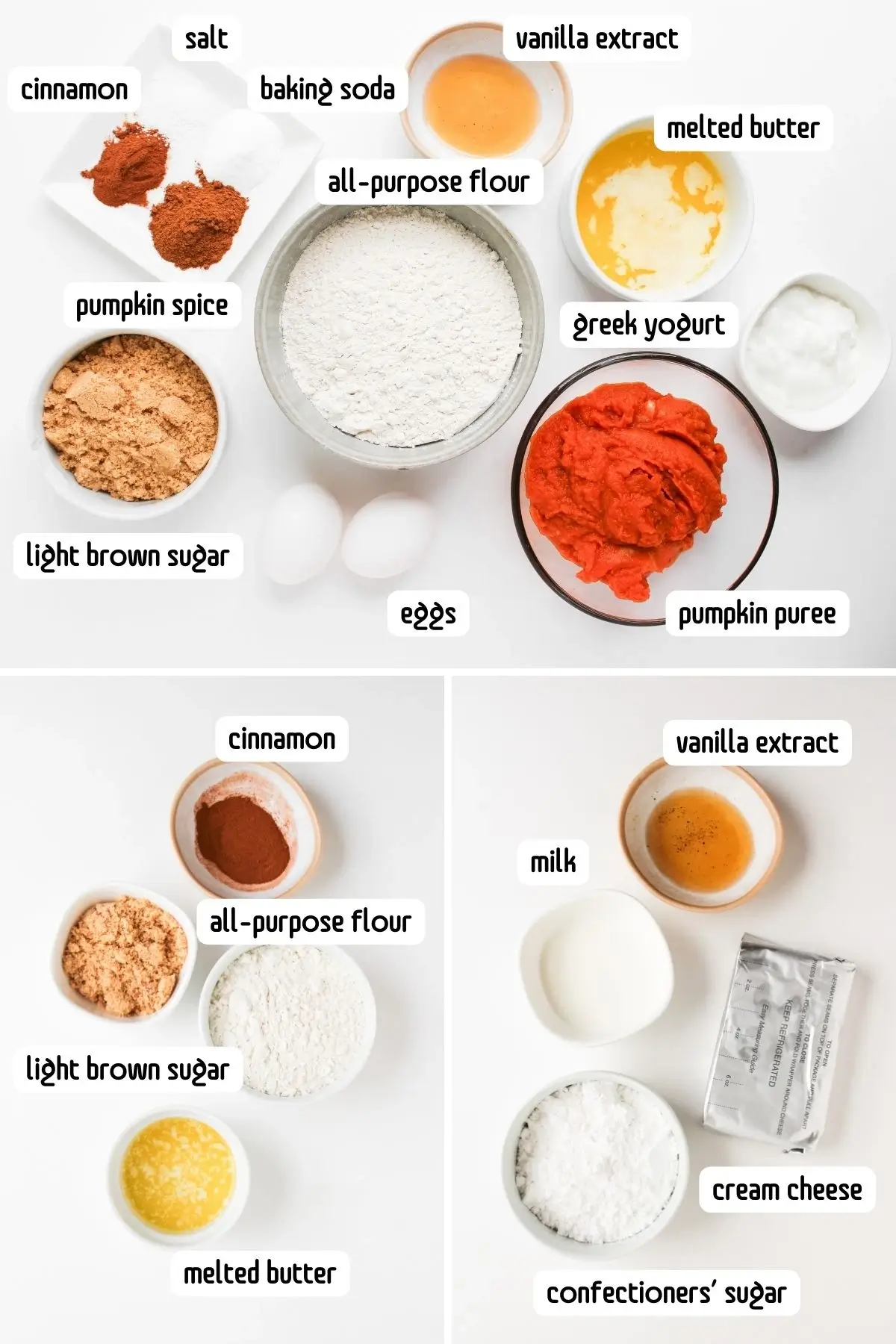 The Best Easy Pumpkin Muffins with Cream Cheese Frosting Overhead view of all ingredients for pumpkin muffins with cream cheese frosting, arranged in labeled bowls on a white background.