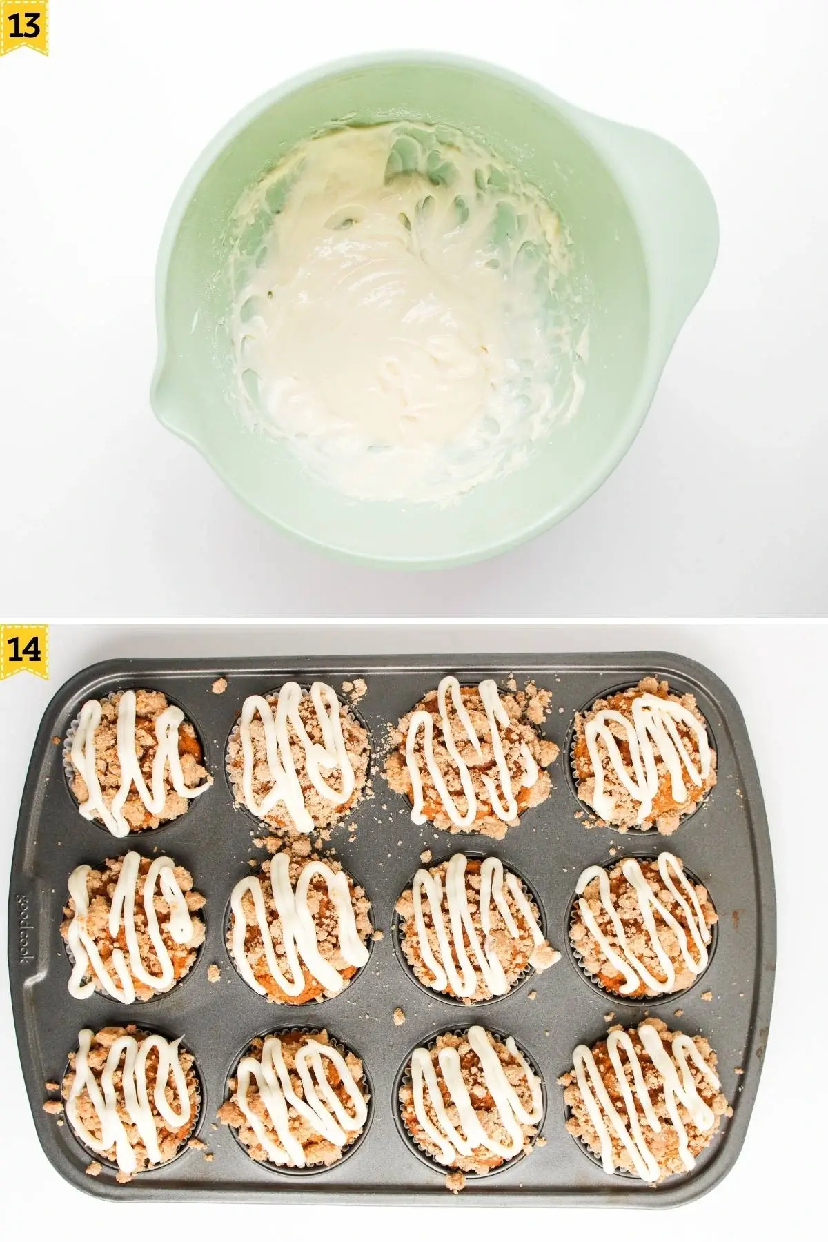 The Best Easy Pumpkin Muffins with Cream Cheese Frosting Mixing cream cheese frosting in a bowl and topping baked pumpkin muffins with streusel and cream cheese drizzle in a muffin tin.