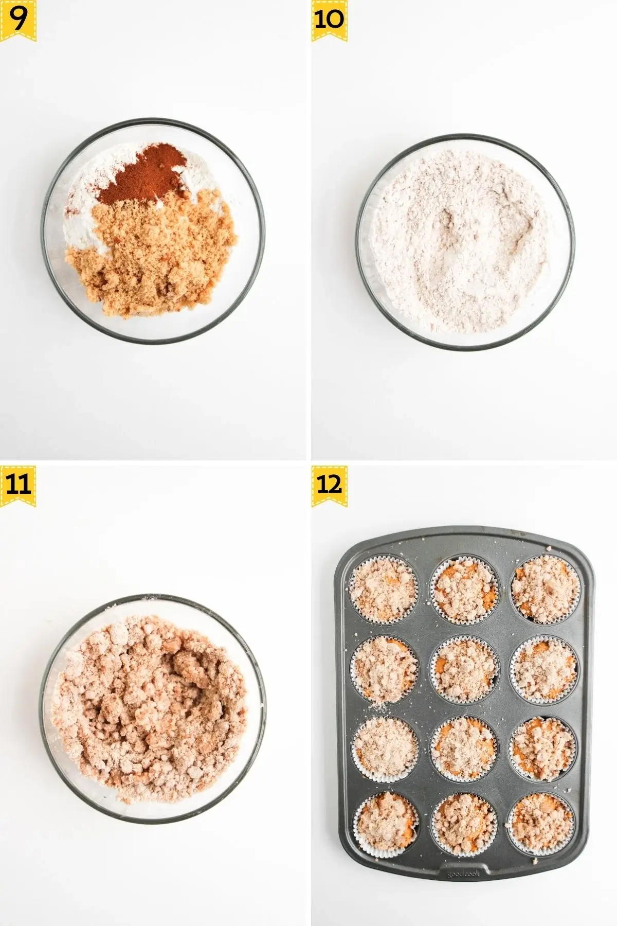 The Best Easy Pumpkin Muffins with Cream Cheese Frosting Step-by-step images showing how to make streusel topping for pumpkin muffins, from mixing dry ingredients to topping muffin batter.