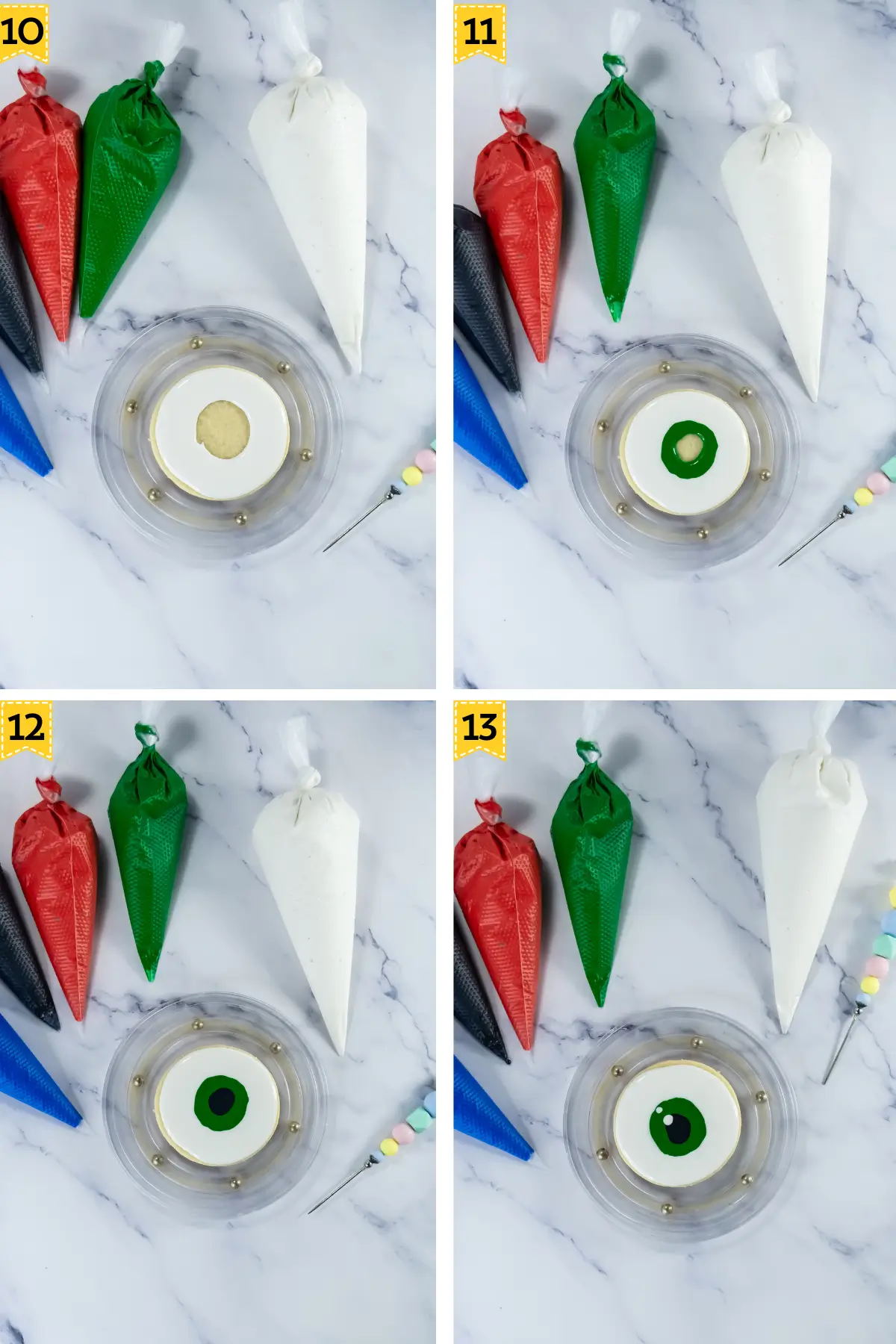 Eyeball Halloween Sugar Cookies drawing eyeballs on cookies process