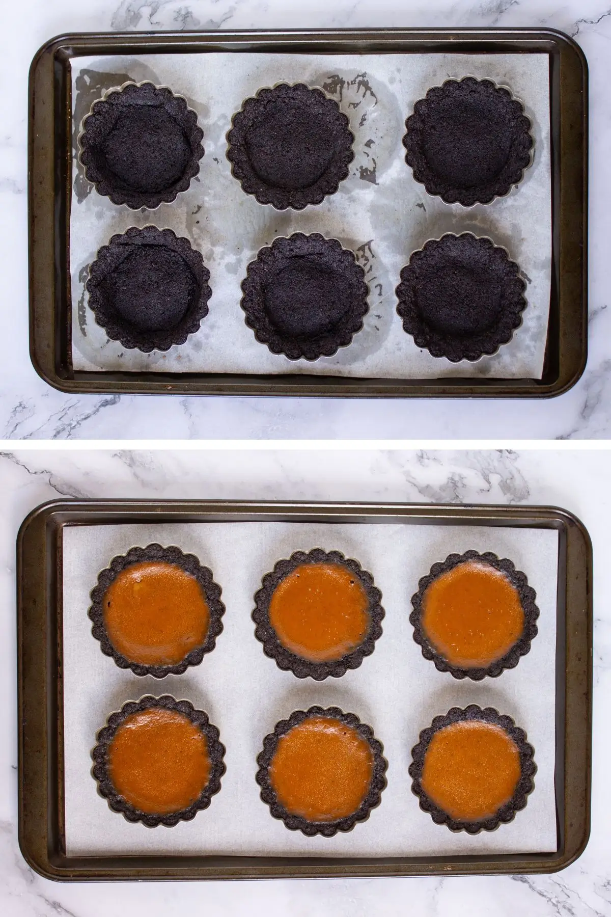 Chocolate crust tart shells filled with smooth pumpkin custard, an easy recipe for pumpkin tarts baked on a sheet pan.