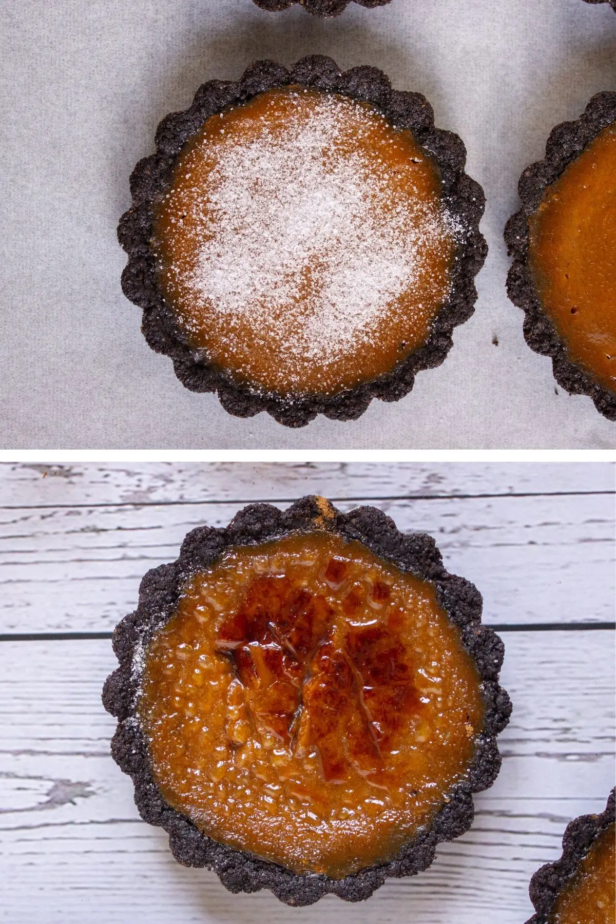 Pumpkin tart recipe before and after caramelizing sugar, showing creme brulee dessert process with golden crackly top