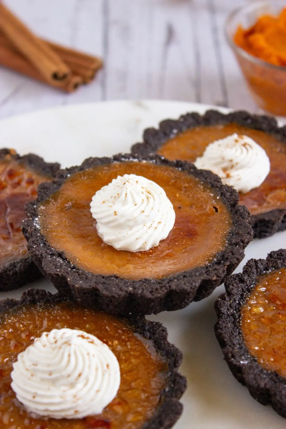 Pumpkin tartlets with whipped cream topping on chocolate crust, easy fall dessert recipe perfect for Thanksgiving gatherings