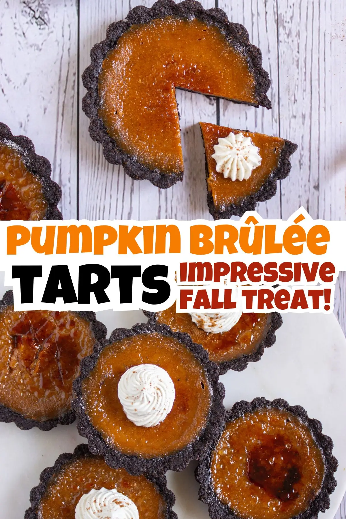 Pumpkin tartlets with caramelized sugar topping and chocolate crust, an elegant recipe for pumpkin tarts perfect for easy fall desserts.