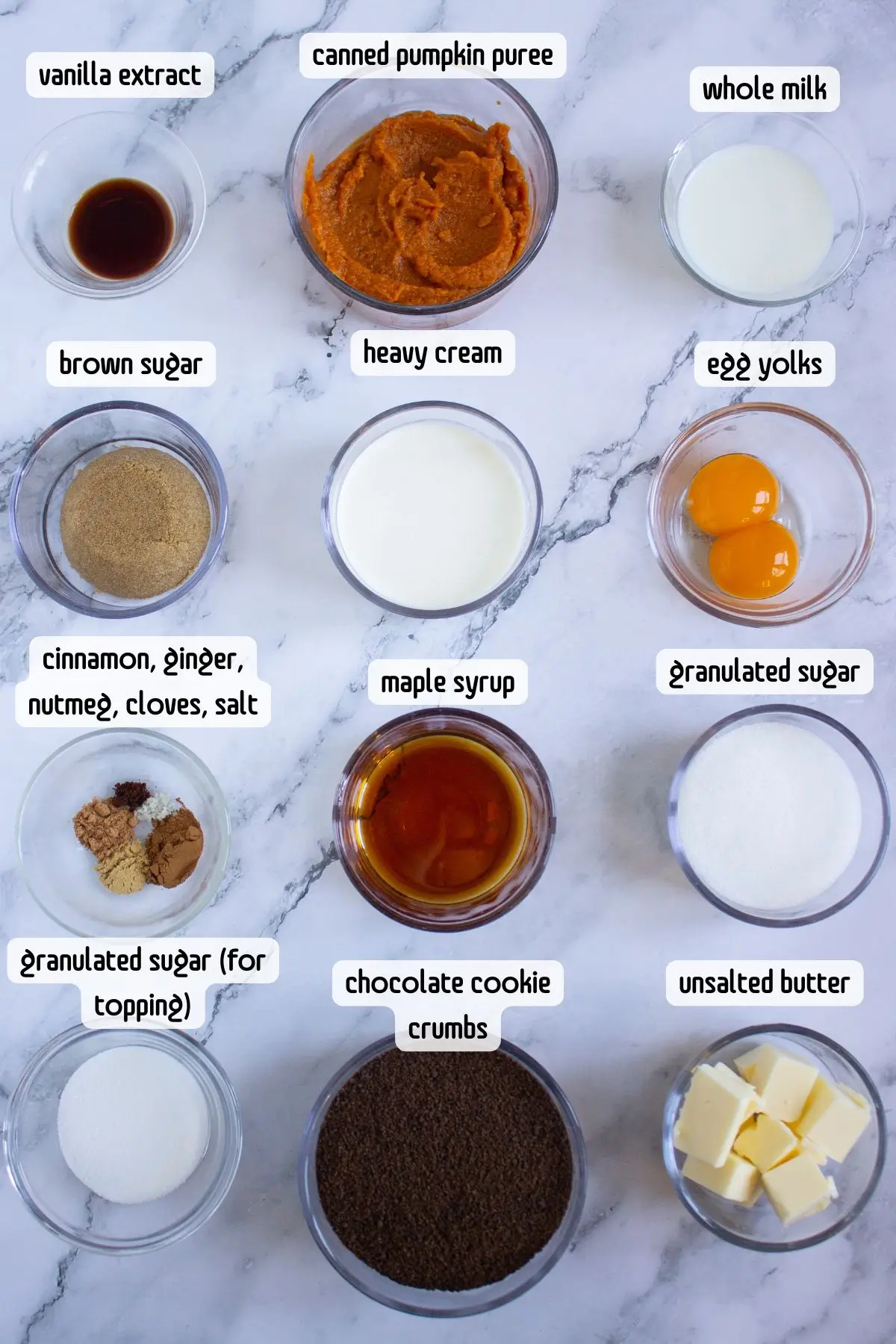 Labeled ingredients for pumpkin tart recipe including canned pumpkin puree, brown sugar, spices, and chocolate cookie crumbs