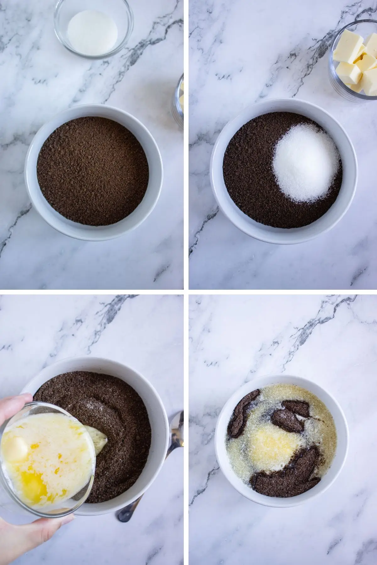 Making chocolate cookie crust mixture with butter and sugar for pumpkin tartlets, the base of easy fall creme brulee desserts.