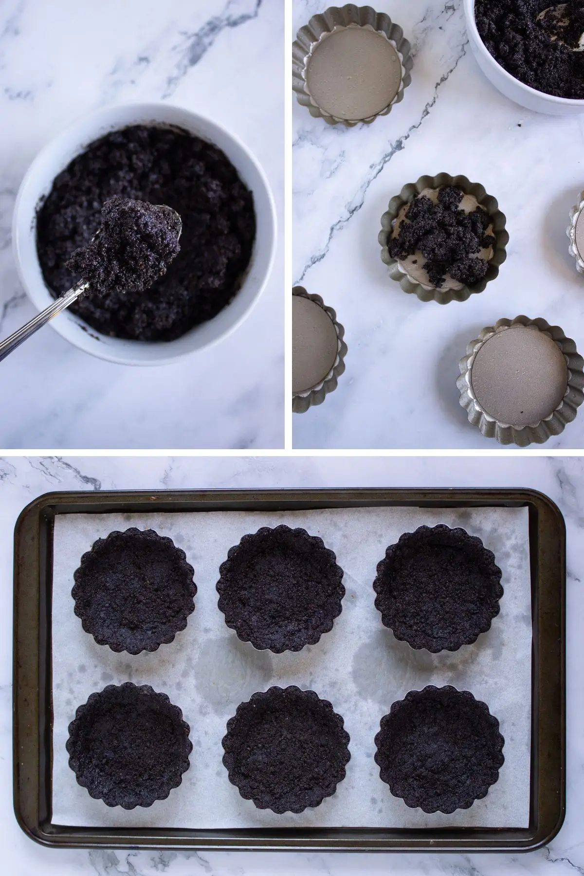 Pressing chocolate crust mixture into tart pans to form shells for pumpkin mini tarts before baking, an easy fall dessert step.