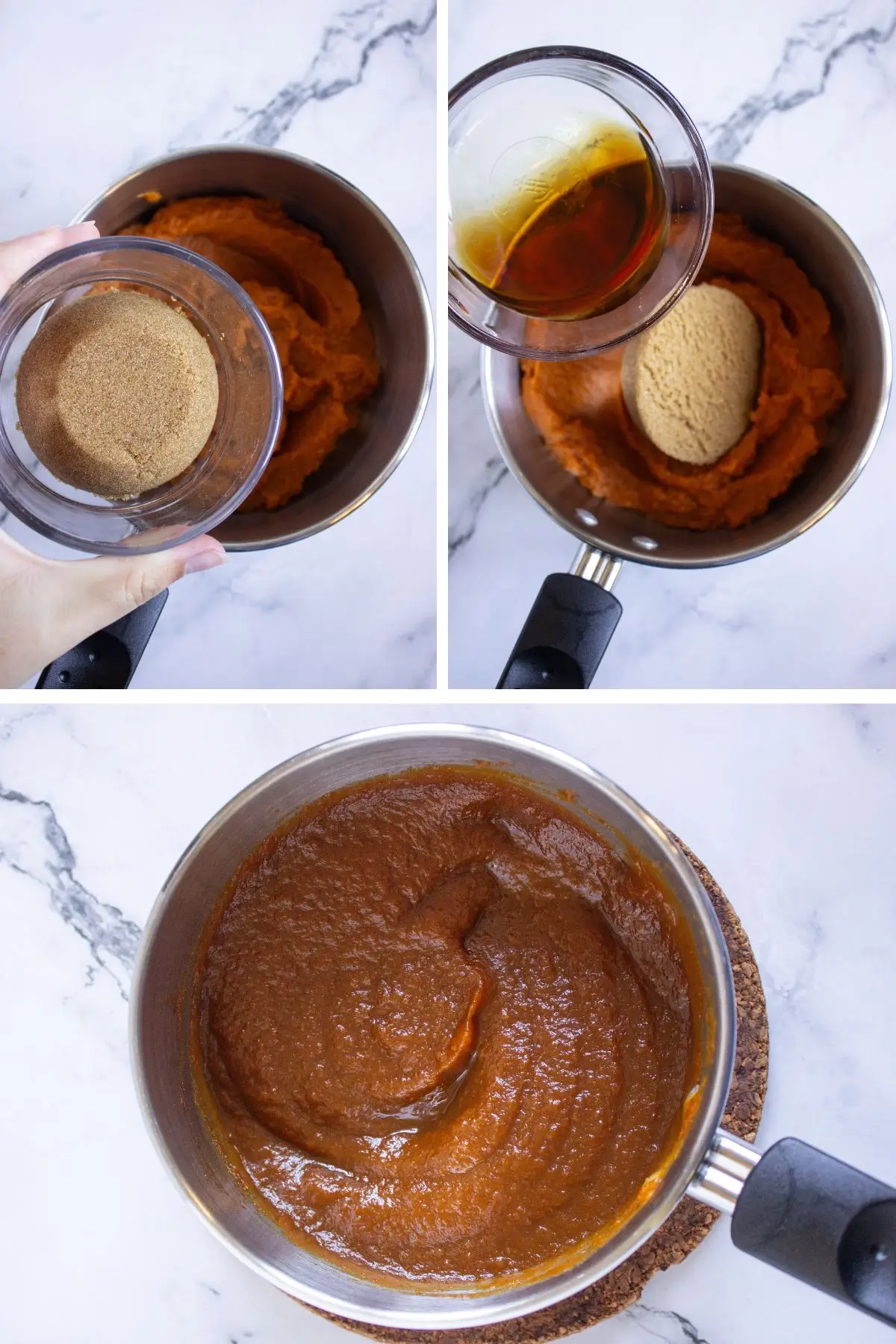 Cooking brown sugar and maple syrup with pumpkin puree to create the rich filling for pumpkin mini tarts and fall desserts.